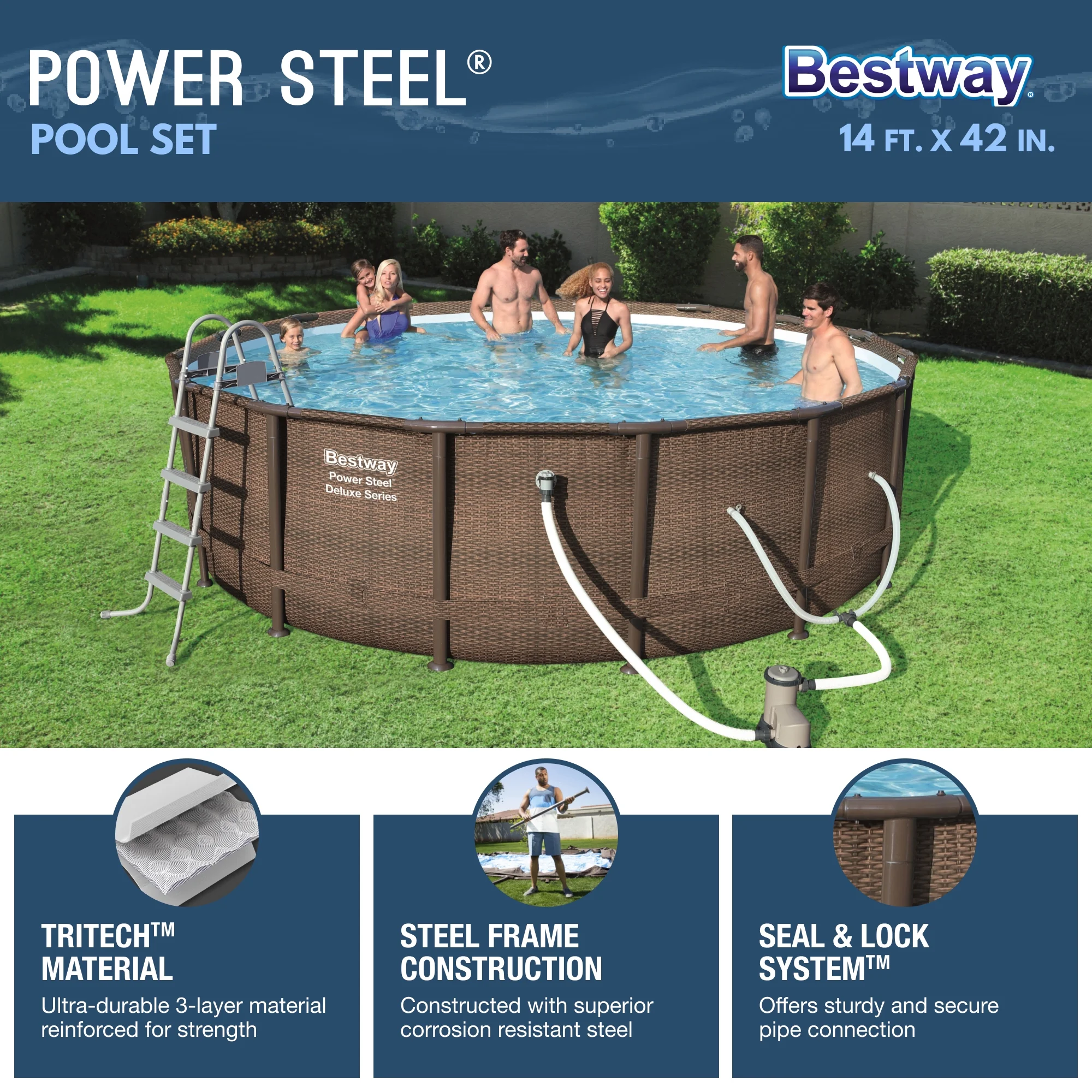 Bestway Power Steel 14' x 42" Round Above Ground Outdoor Swimming Pool Set