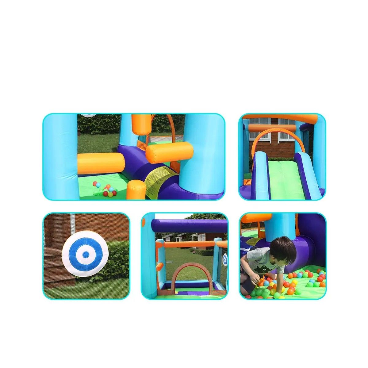 Oppusteligt bjergslot - Oppusteligt slot til børn med spil, ideelt til haven eller store områder