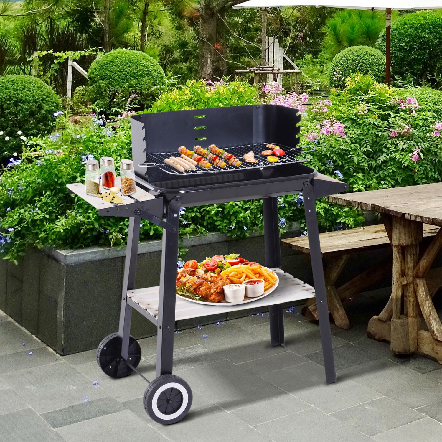 Barbecue au charbon de bois Outsunny 83 x 37 x 87 cm noir avec roulettes et étagère
