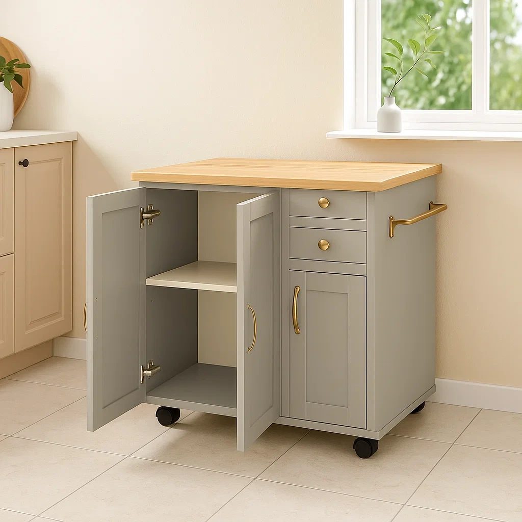 Küchenwagen mit 3 Türen, 2 Schubladen und Ablage, Naturholz und Grau, mit Rollen, 80 x 45 x 85 cm - 02fBVYY8fY5T