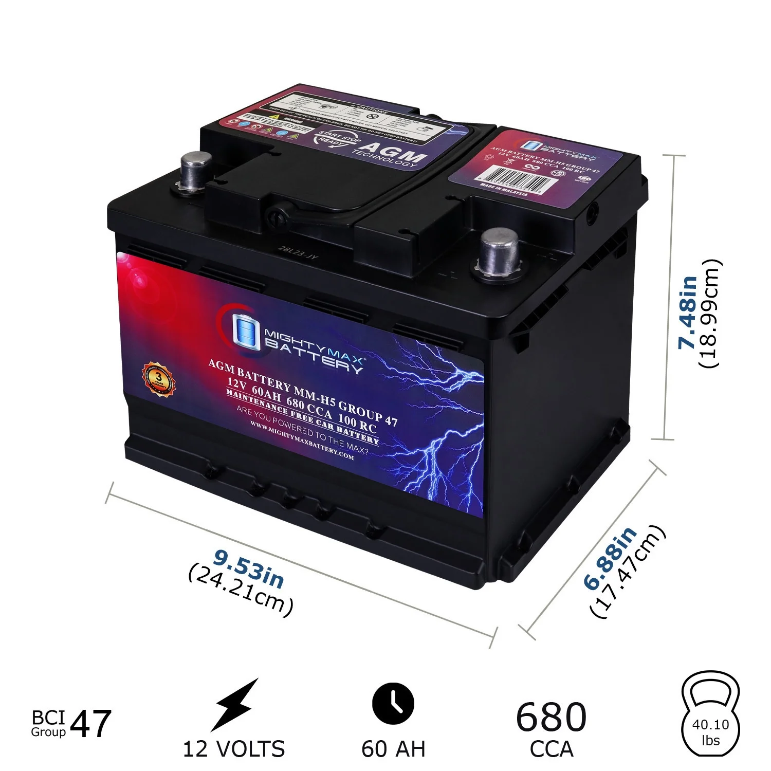 Batterie de remplacement MM-H5 Groupe 47 12V 60AH 100RC 680CCA compatible avec Mazda CX-5 2022