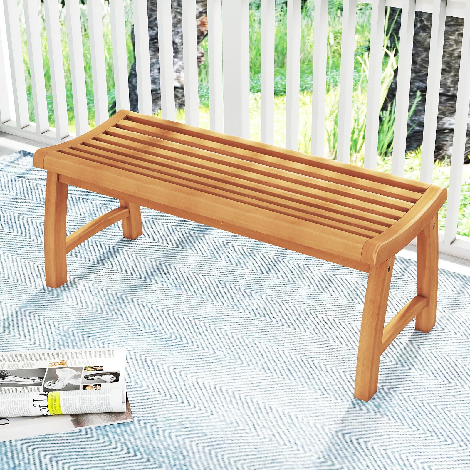 Tangkula Teak Wood Outdoor Backless Bench with Contoured Slatted Seat