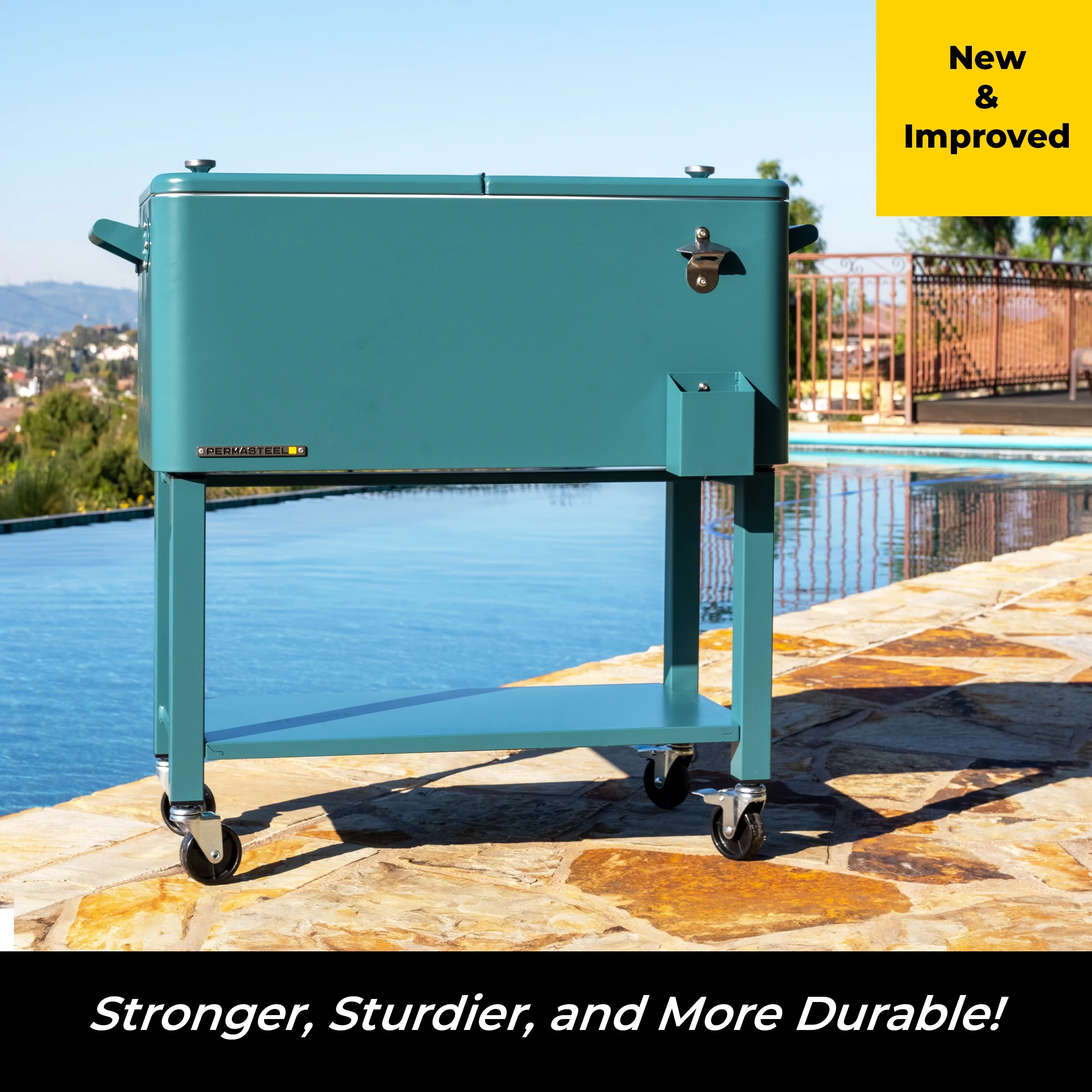 Permasteel 80 - Qt Outdoor Steel Patio Cooler with Removable Basin, Rolling Cooler with Wheels, Teal Green