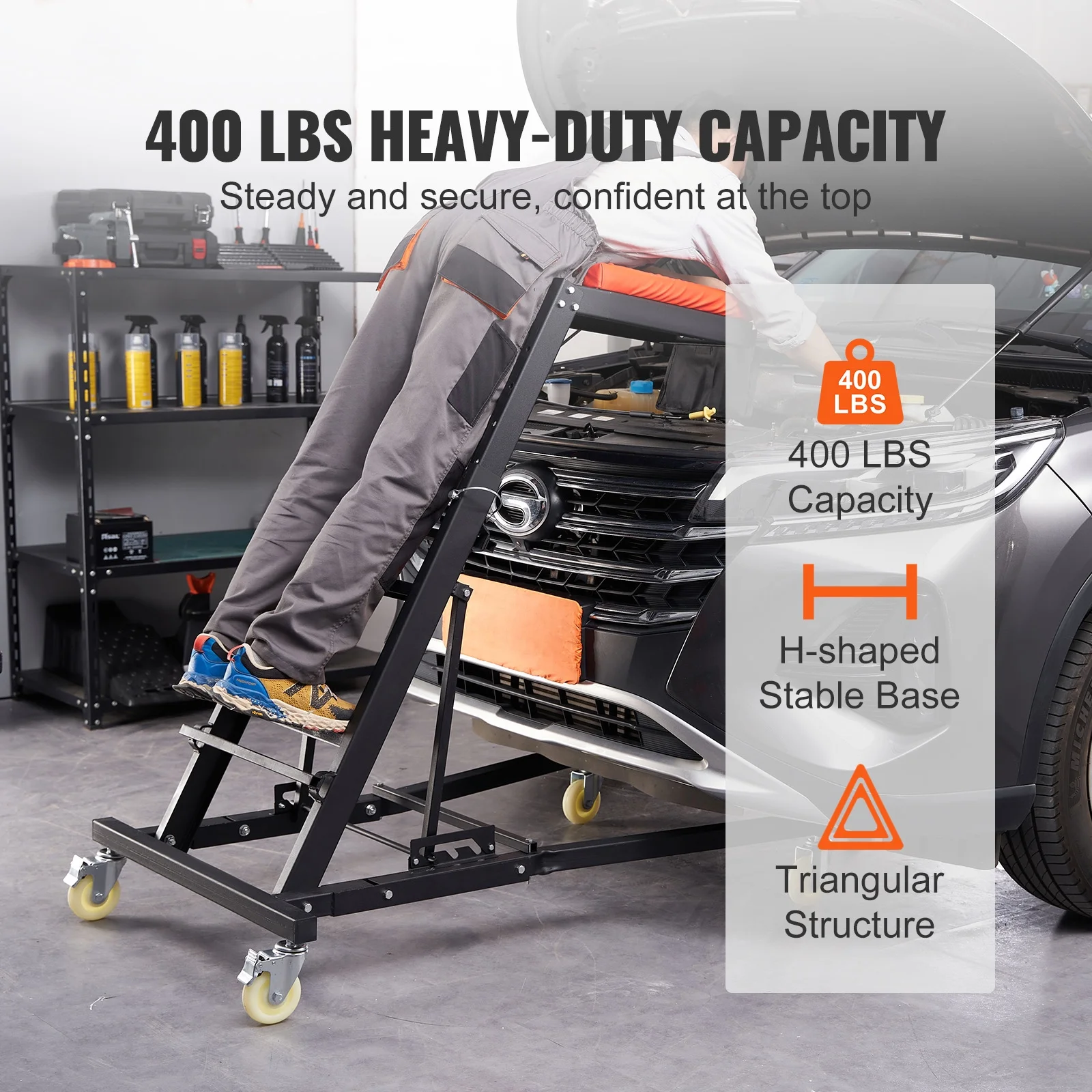VEVOR Automotive Topside Creeper, with Adjustable Height 48" to 76", 400 lb Capacity High Creeper, 4 Swivel Caster Wheels, Heavy Duty Creeper for Auto Repair and Maintenance