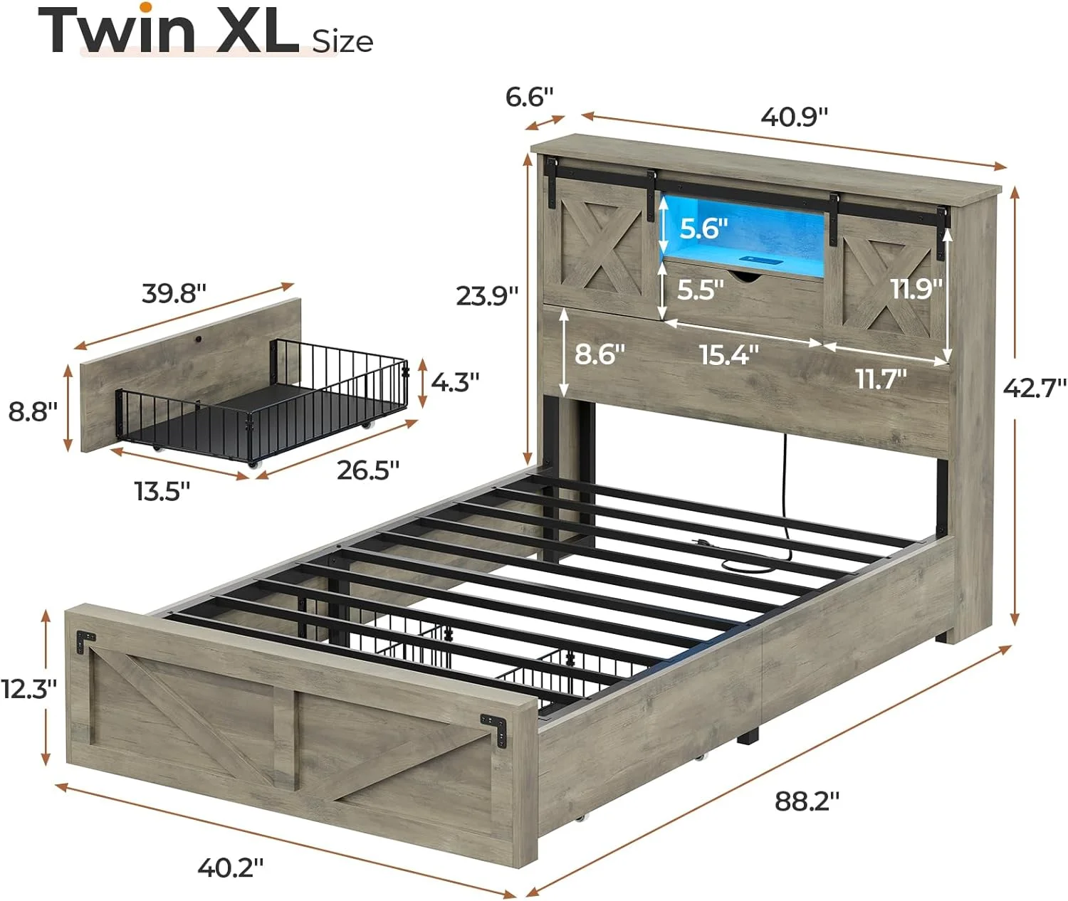 Twin XL Size Bed Frame with Headboard and Drawers, Farmhouse Twin XL Platform Bed Frame with LED Lights and Charging Station, No Box Spring Needed, Gray