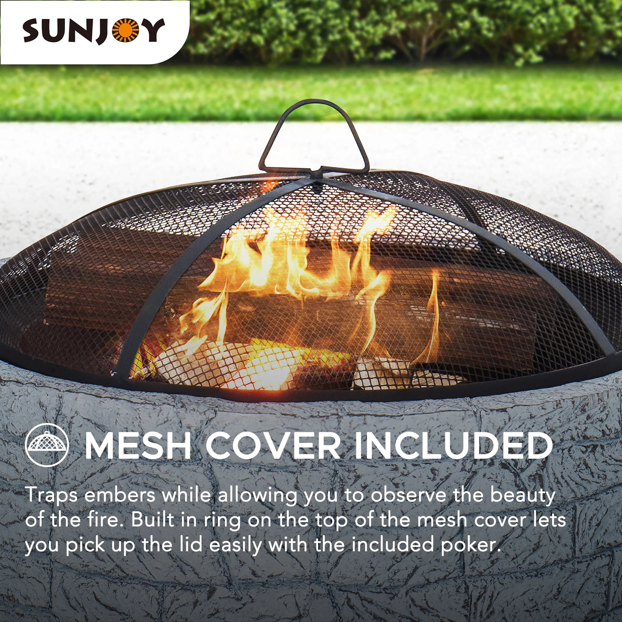 Sunjoy Stone Fire Pit 26 in, Outdoor Round Wood Burning Fire Pits with Spark Screen and Poker Grey