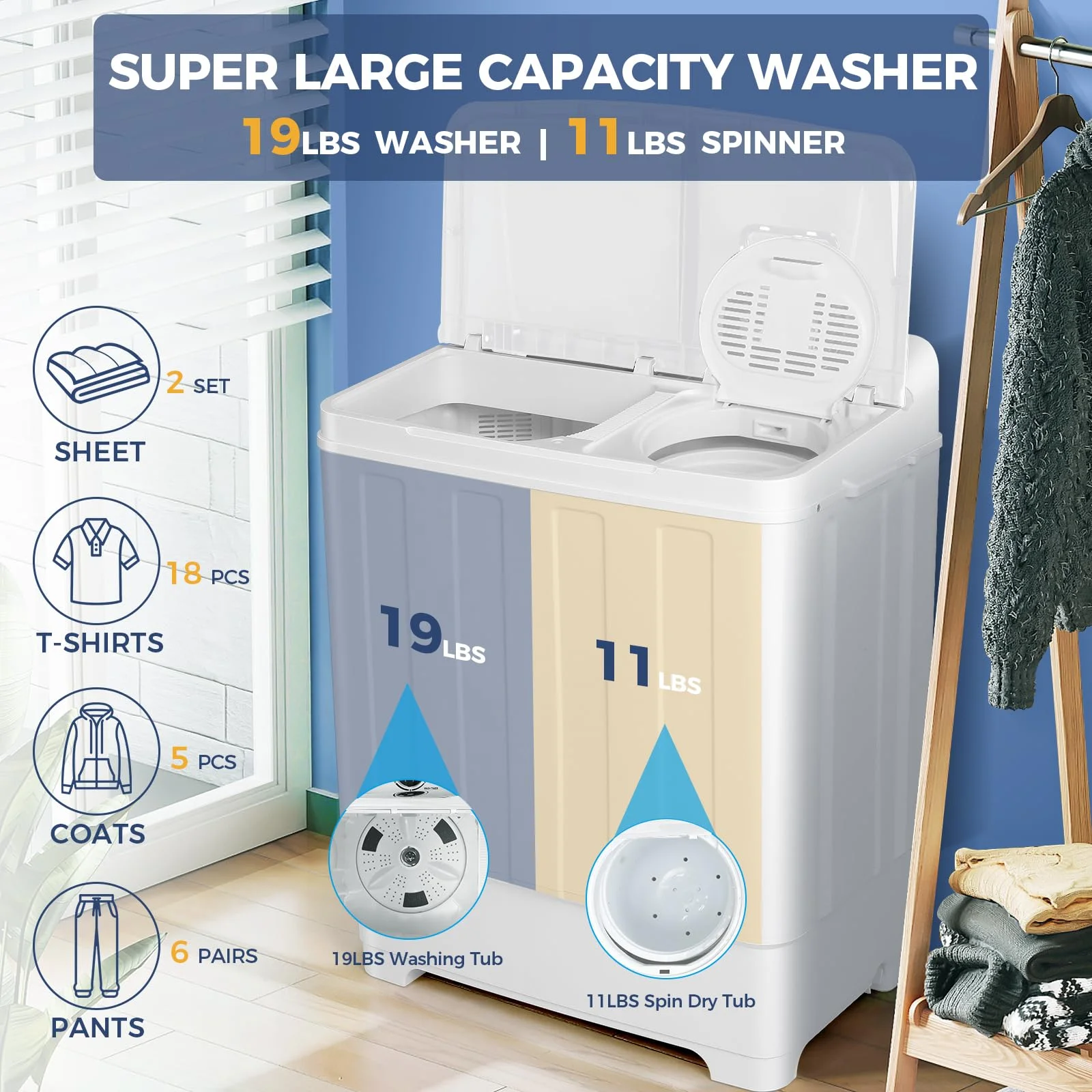 Veeboto Portable Washing Machine, 30 lb Twin Tub Mini Compact Laundry 19 lb Washer/11 lb Spinner with Drain Pump & Time Control Washer Spinner Combo, White