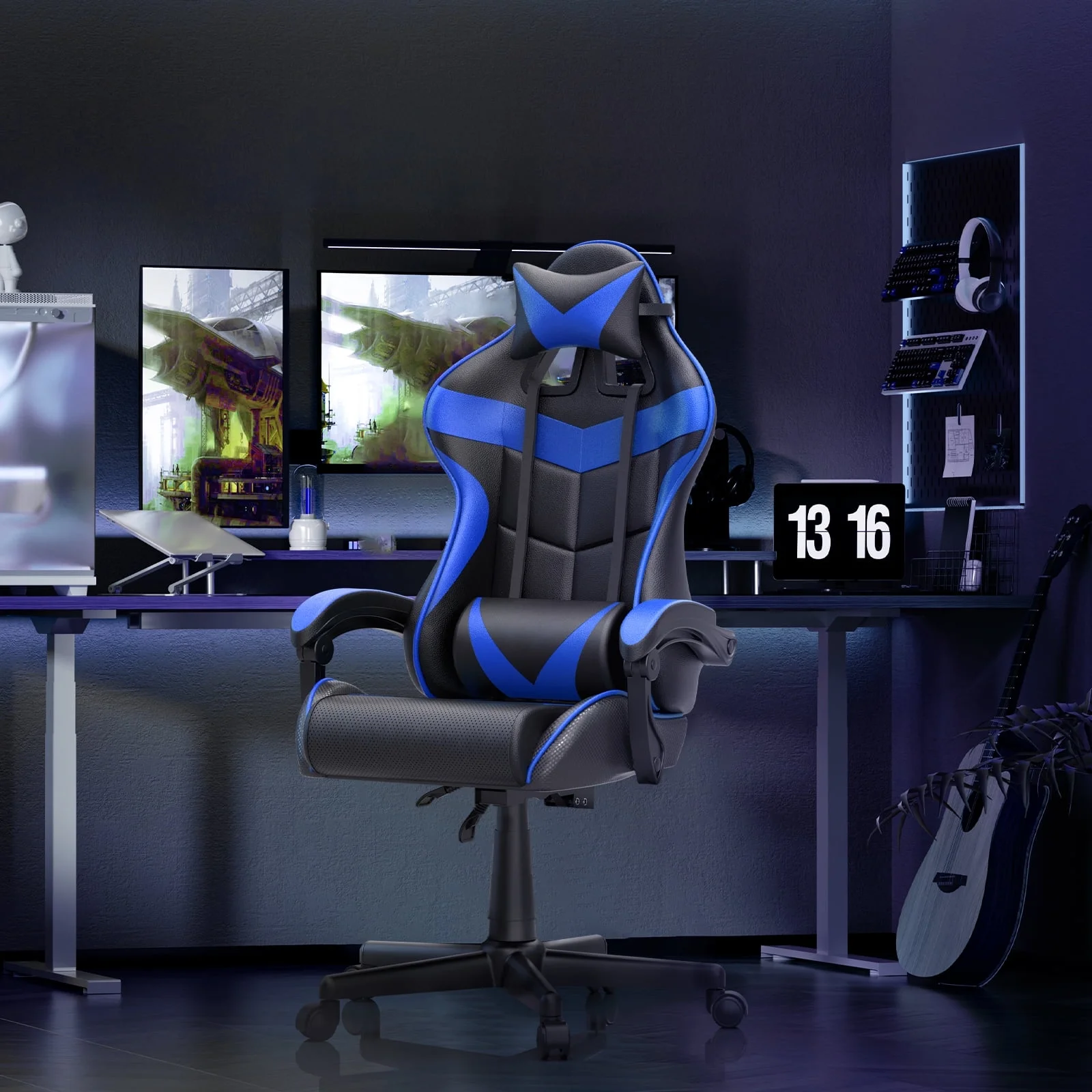 Soontrans Gaming Chair with Massage, High Back Computer Gamer Chair for Adults and S, Ergonomic Game Chair with Adjustable Headrest and Lumbar Support (Blue)