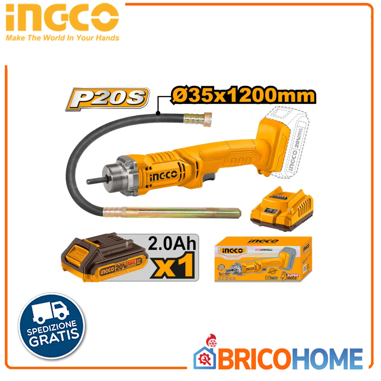 Vibrateur à béton sans fil INGCO 20V (2025) avec 2 batteries et chargeur