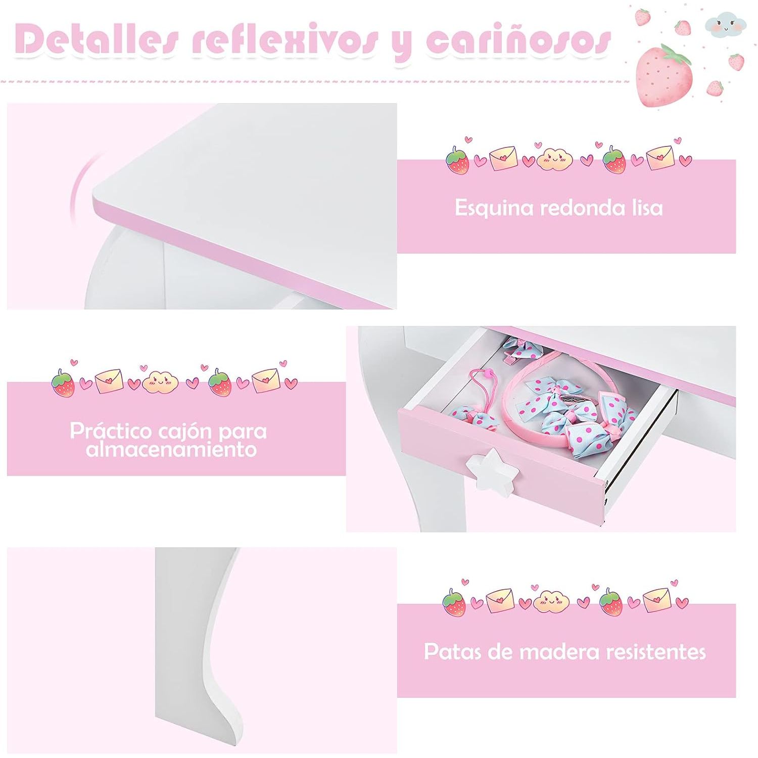 Børnesminkebord med skammel og spejl, Costway makeupbord 49 x 34 x 90 cm