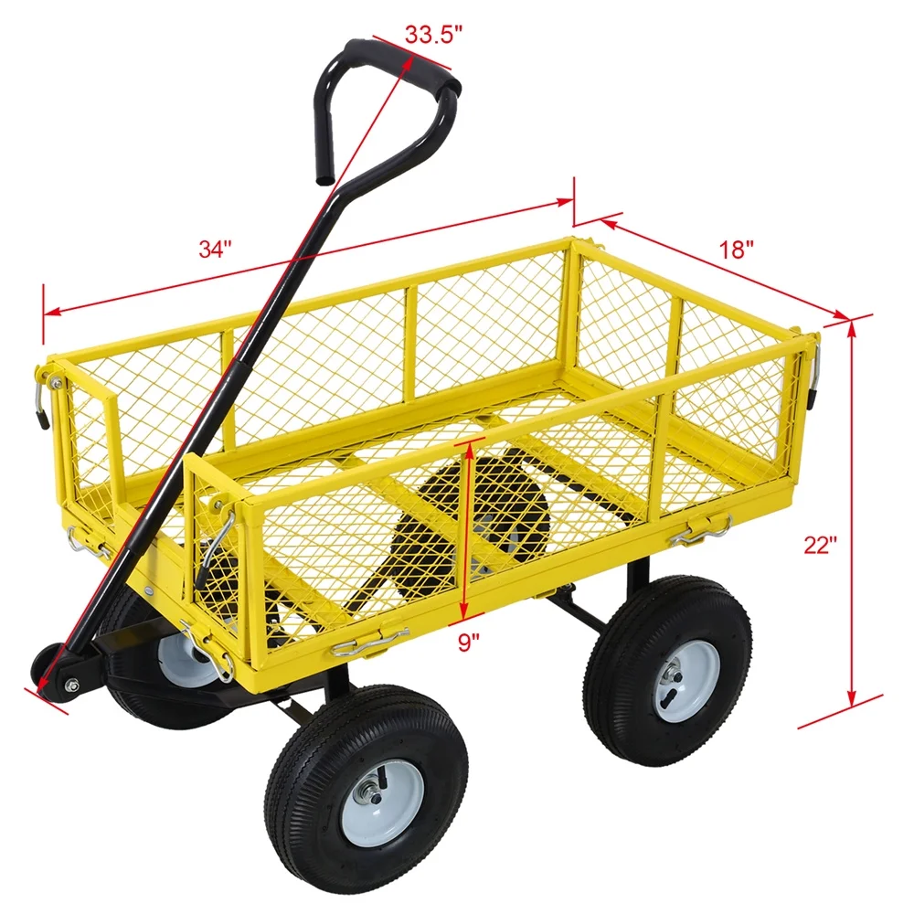 Steel Garden Cart, Heavy - Duty Steel Mesh Utility Garden Wagon with Removable Sides and 9.5" Pneumatic Tires for Outdoor Lawns Yards Farms and Ranches, 550 lb Capacity, Yellow