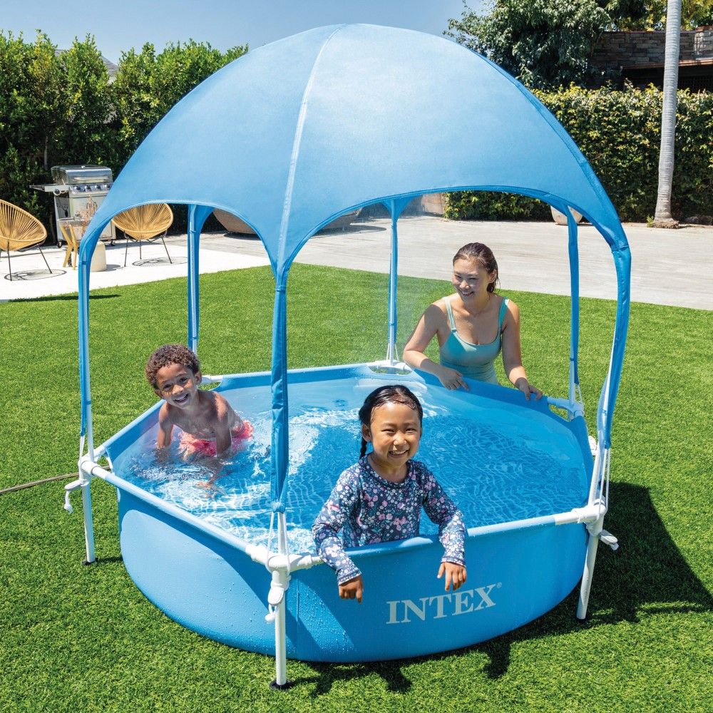 Intex sekskantet rørformet PVC overjordisk pool Ø183x38 cm blå med baldakin