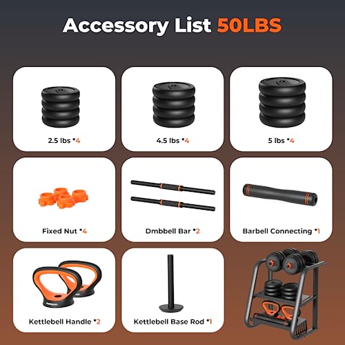 2025 FEIERDUN justerbare håndvægte. 50 lb håndvægtsæt med forbindelsesstang. 4-i-1 sæt