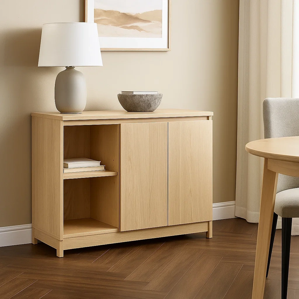 Rechteckige Kücheninsel mit Regalen und Türen, aus MDF-Holz, helle Eichenfarbe, freistehend, 80 x 40 x 75 cm, für den Hausgebrauch. - 1WTsMCe2Hlg1