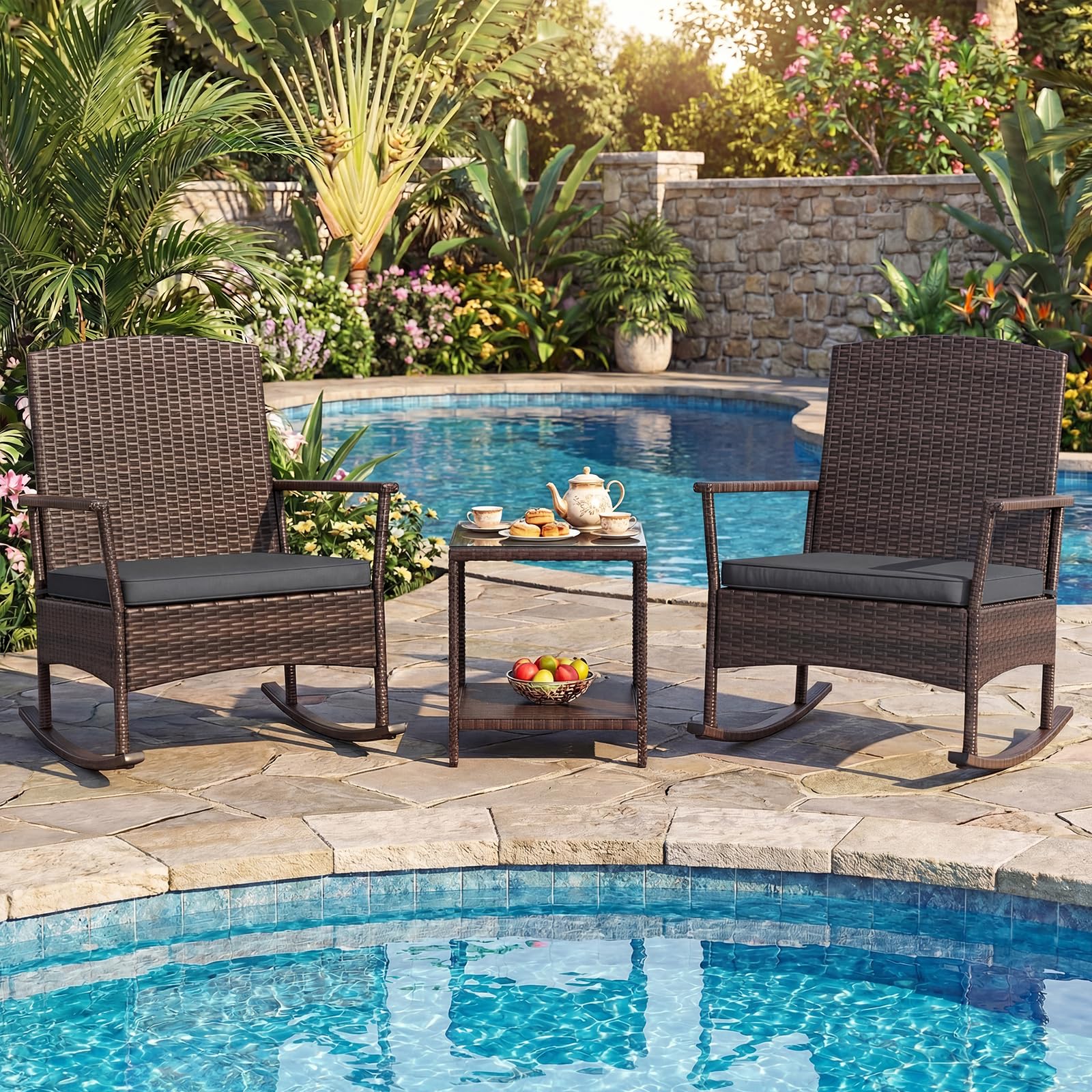 Tangkula 3 Pieces Rocking Wicker Bistro Set