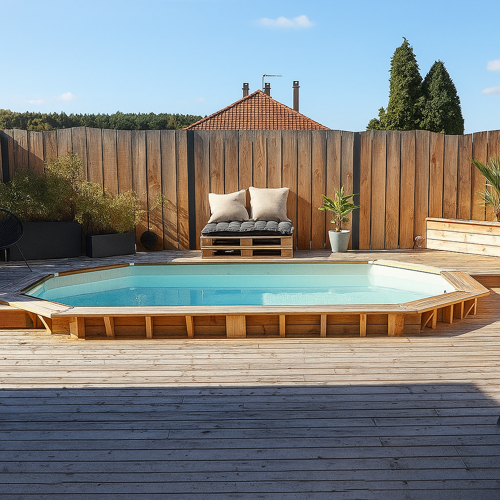 Piscine surélevée, de forme octogonale, rectangulaire, en bois naturel, jardin extérieur