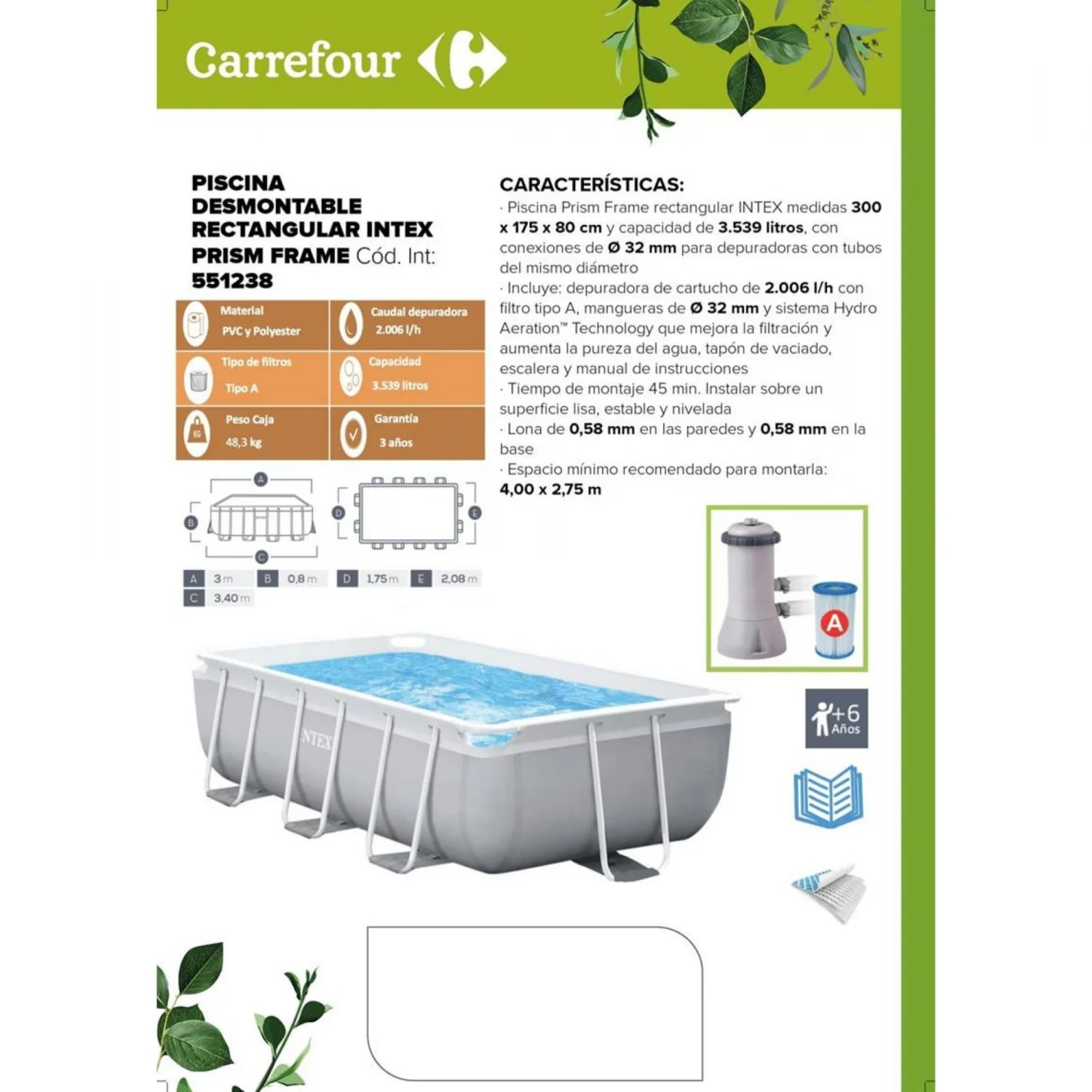 Rechteckiger Pool 300x175x80 cm Prismenrahmen