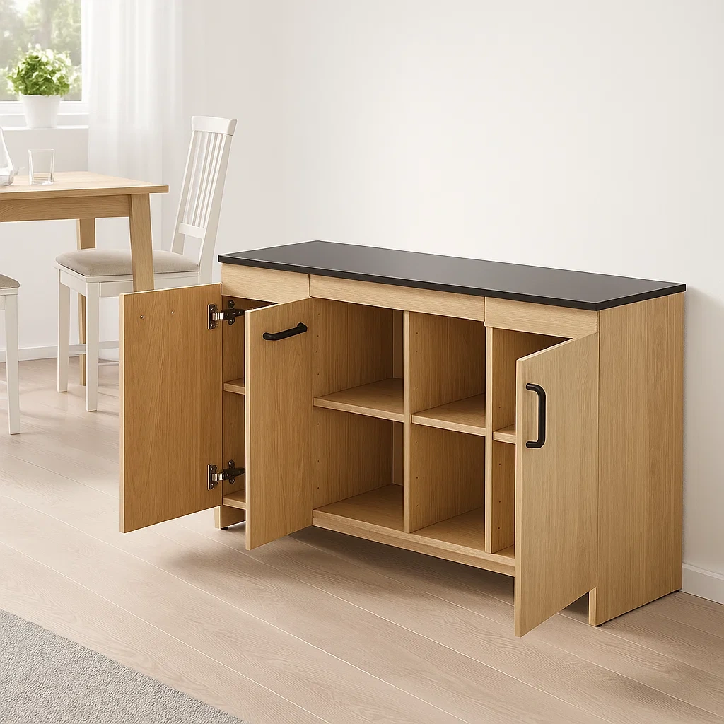 Îlot de cuisine rectangulaire avec compartiments ouverts et portes en MDF, coloris chêne clair et plan de travail noir, sans roulettes, 120 x 40 x 80 cm, pour cuisine fonctionnelle - 08oNX0ehy6dP