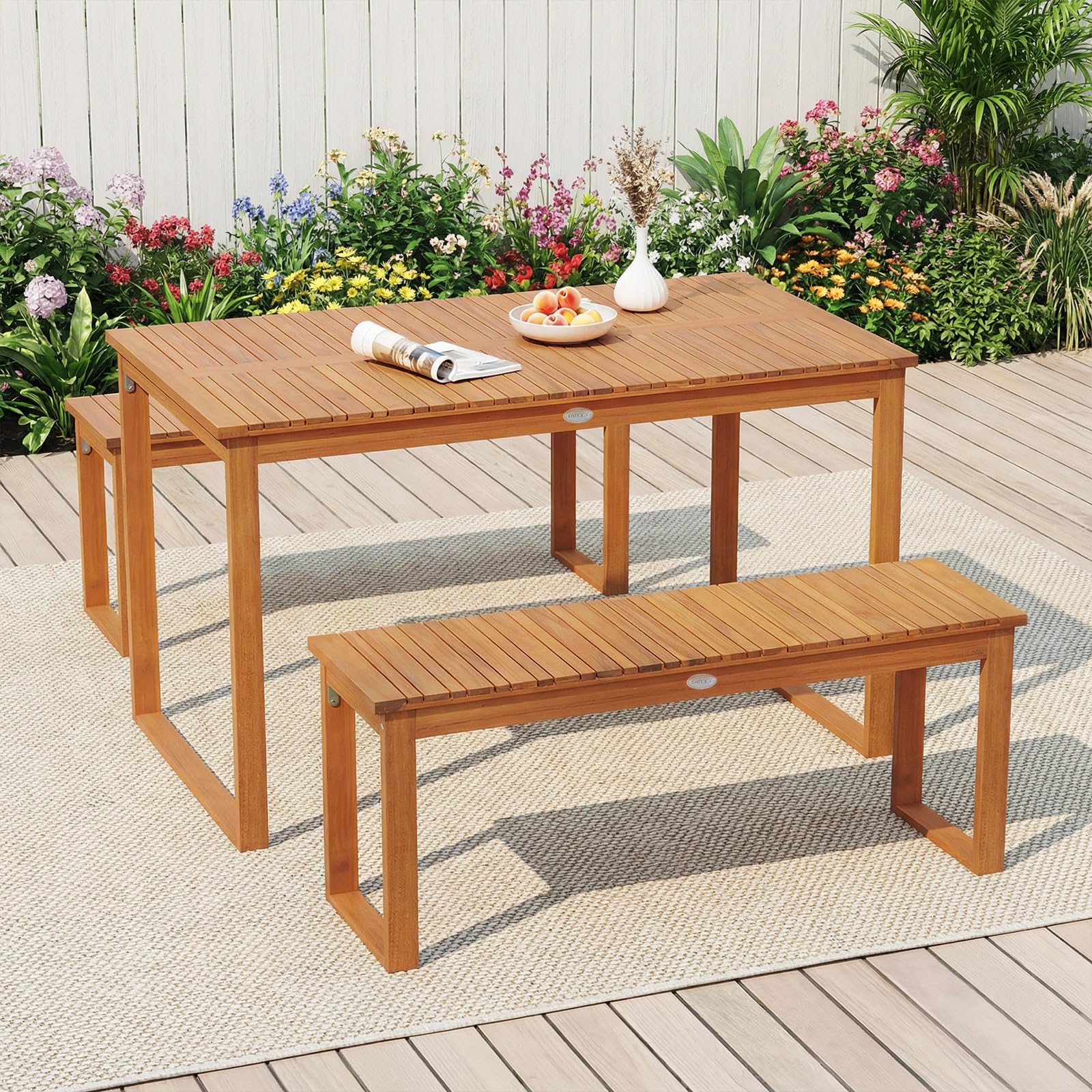 Tangkula 43.5" Acacia Wood 2-Person Outdoor Bench Backless with Slatted Seat (1/2)