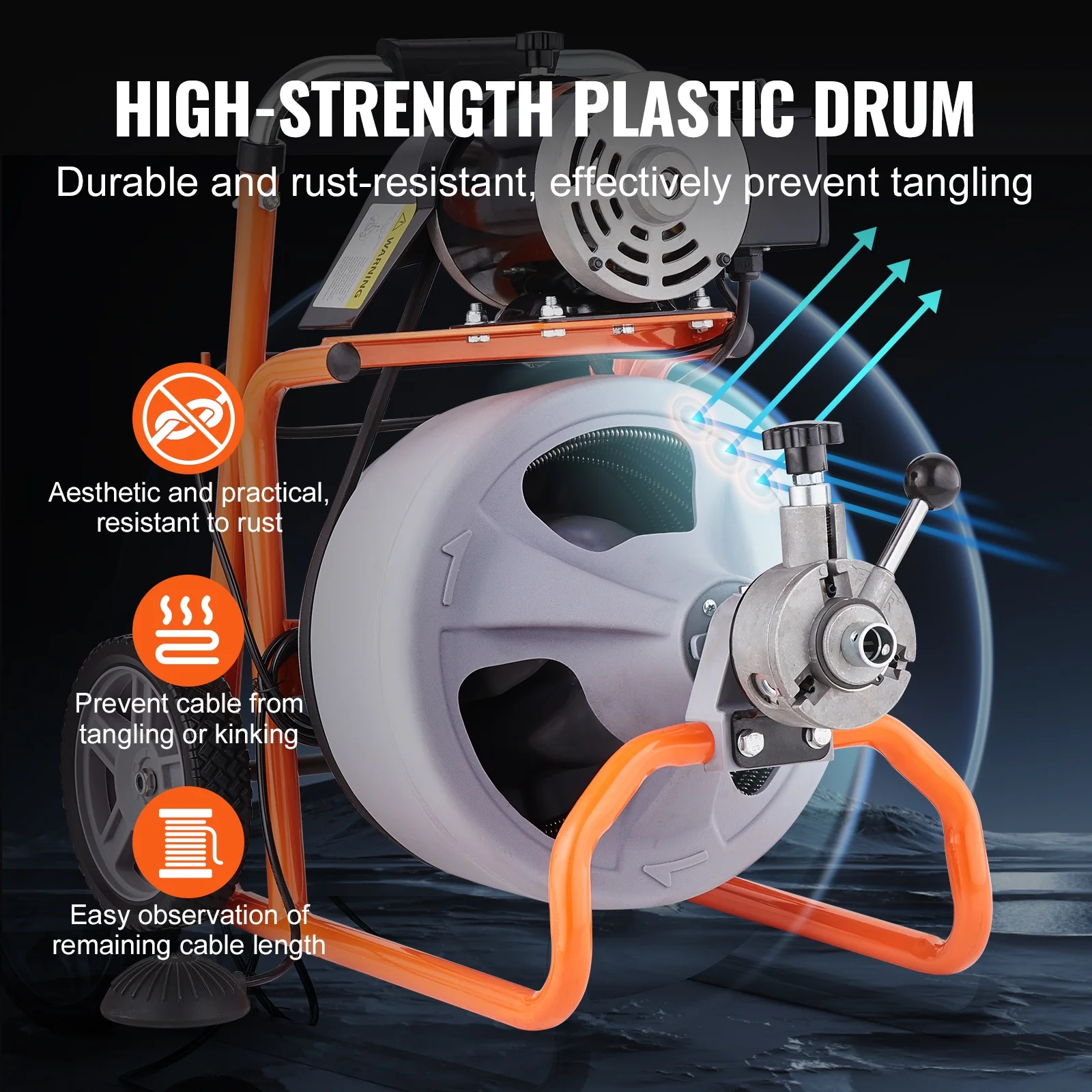 VEVOR Drain Cleaner Machine 100FT x 3/8 in, Auto Feed Sewer Snake Drain Auger on Wheels, Portable Drain Cleaning Machine with 8 Cutters & Air - Activated Foot Switch for 2" to 4" Pipes