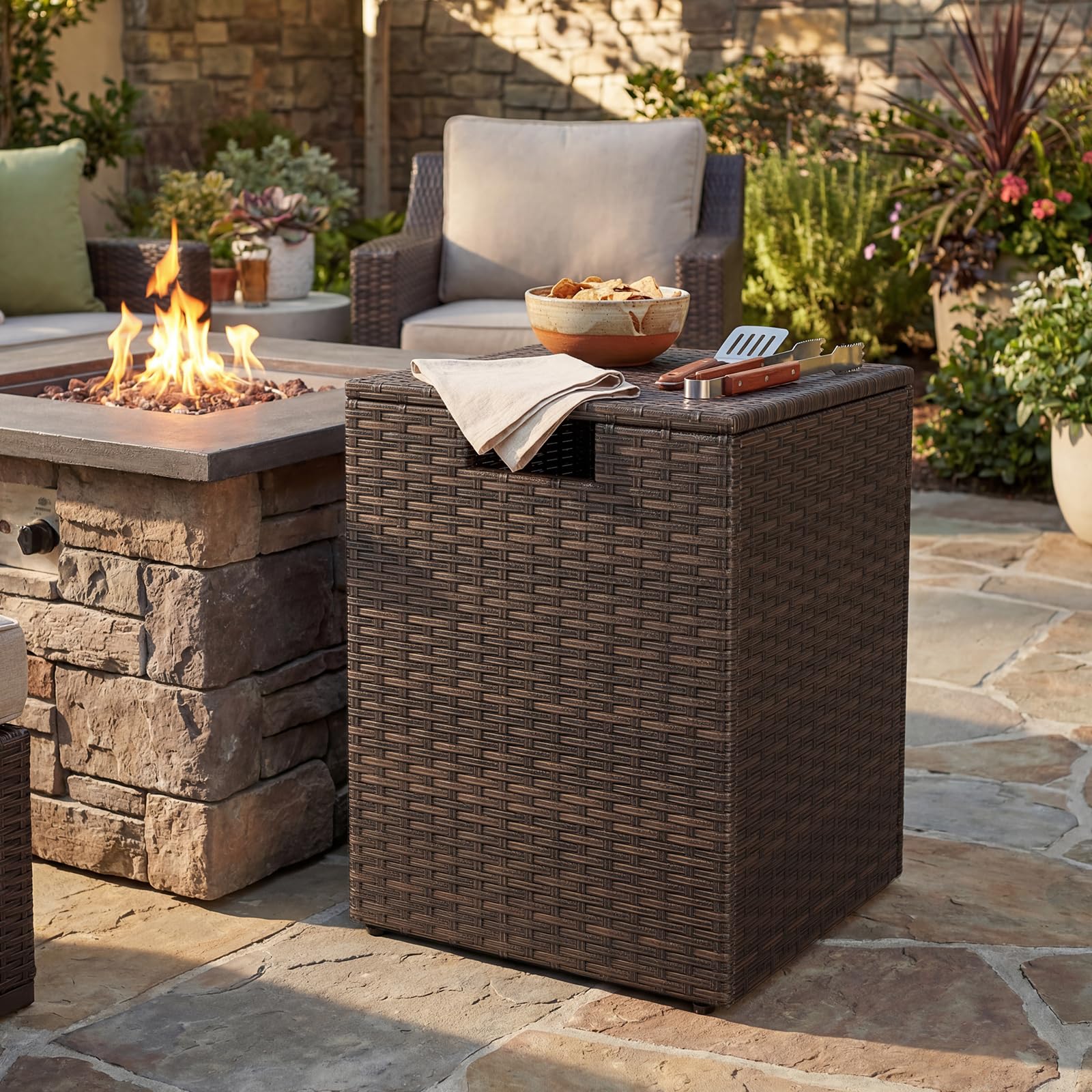 Tangkula 16" Outdoor Rattan Hideaway Table for Gas Fire Pit