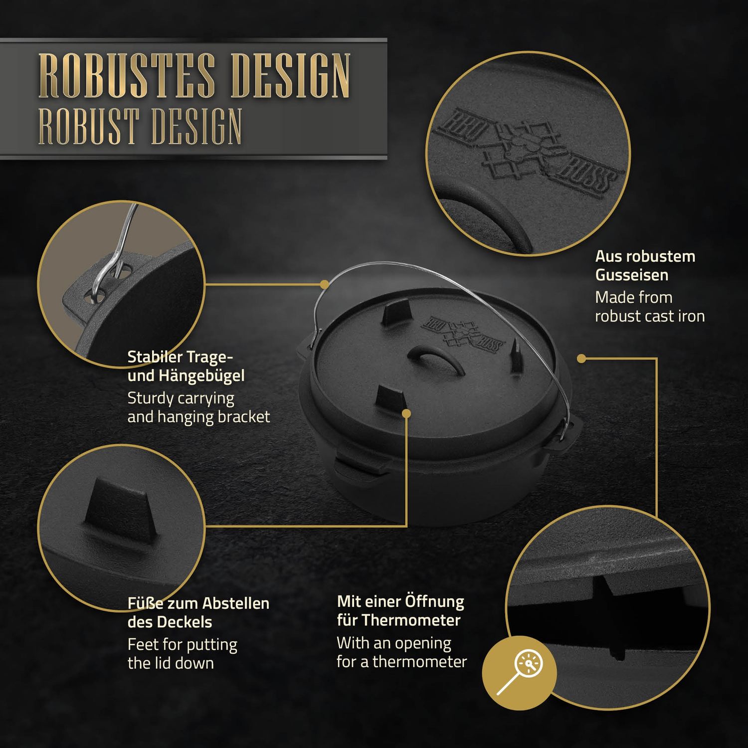 Ensemble de four hollandais BBQ 7,3 L en fonte noire avec élévateur et dessous de plat BBQ#boss