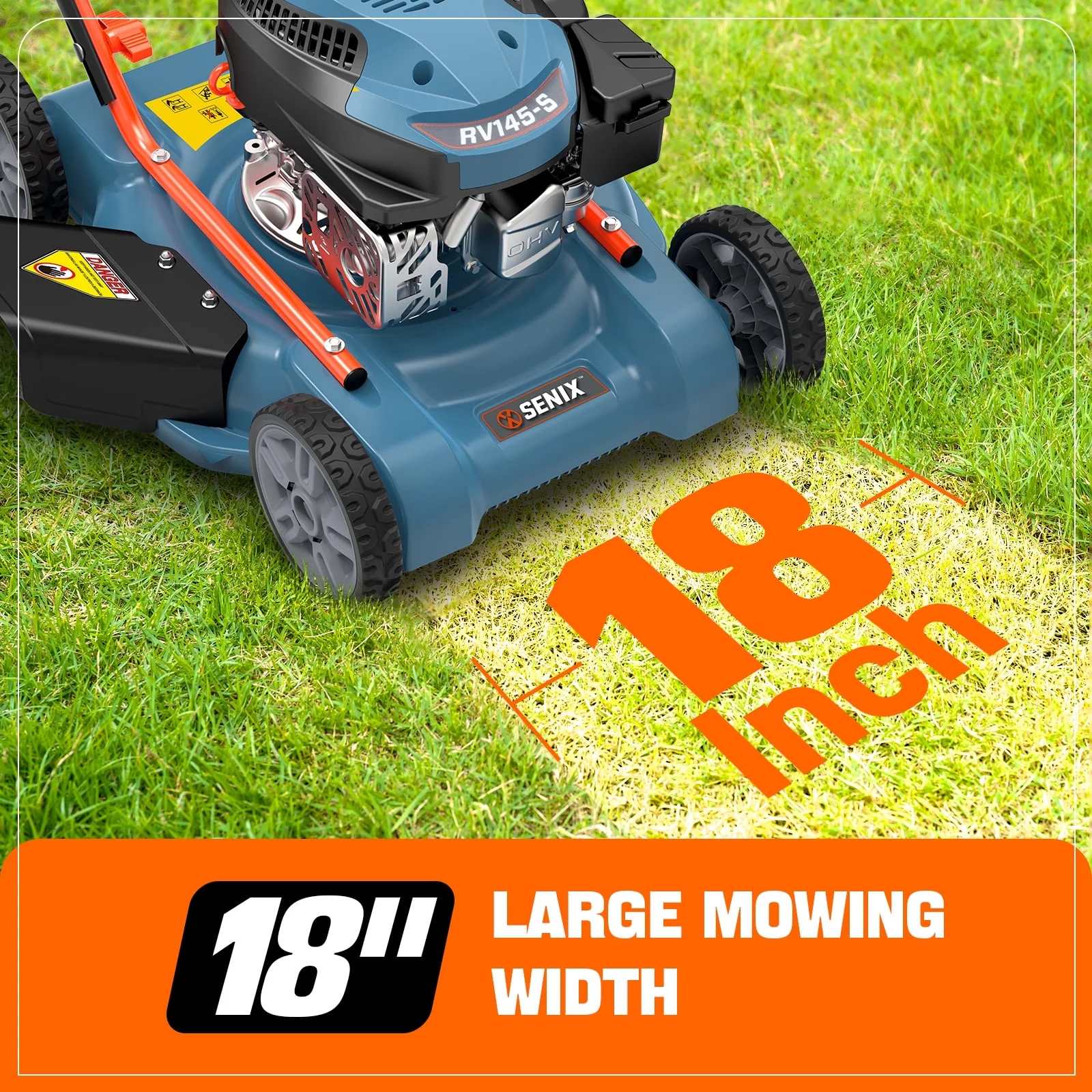 SENIX Gas Lawn Mower, 18in Cutting Blade / 19in Cutting Deck, 144cc 4 - Cycle Engine Push Mower with Side Discharge