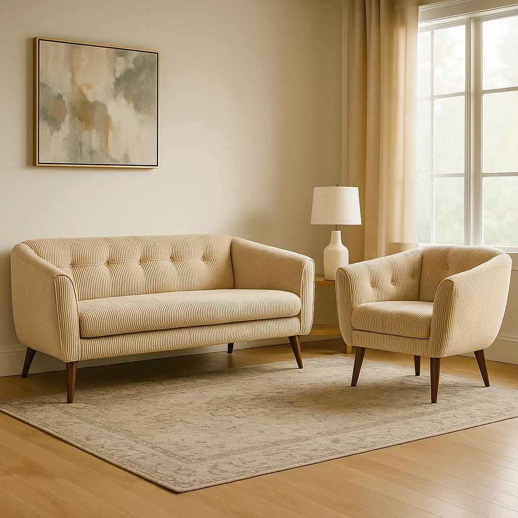 Sofagarnitur, 2-Sitzer-Sofa und Sessel, Massivholzrahmen, Schaumstoffpolsterung, Cordbezug, beige, für den Innenbereich, 2-Sitzer-Sofa 140 x 75 x 80 cm, Sessel 75 x 75 x 80 cm - 82NeTtvX0MAP