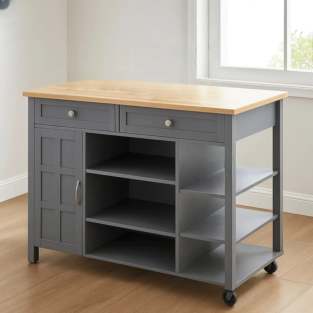 Rechteckige Kücheninsel mit Rollen, aus grauem MDF, mit Holzarbeitsplatte, Schubladen, Tür und Regalen, Maße: 120 cm lang, 48 cm breit, 90 cm hoch, für die heimische Küche - J1mKJkhFUOyb