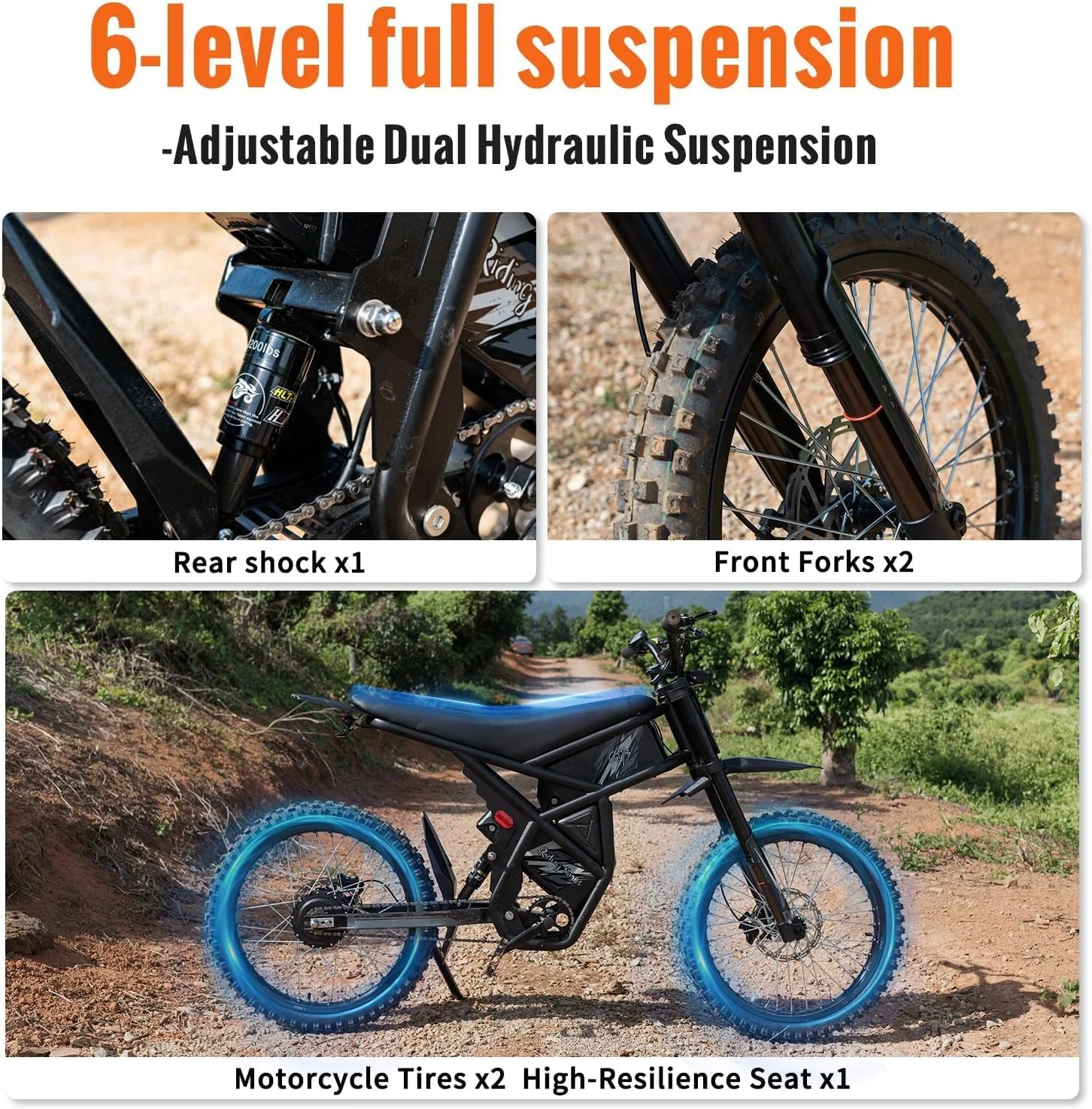 Ridingtimes GT73 Electric Dirt Bike for Adults 2400W 48V 37MPH 36.4AH Dual Battery 85 Miles Range 25" Tires UL2849 Certified