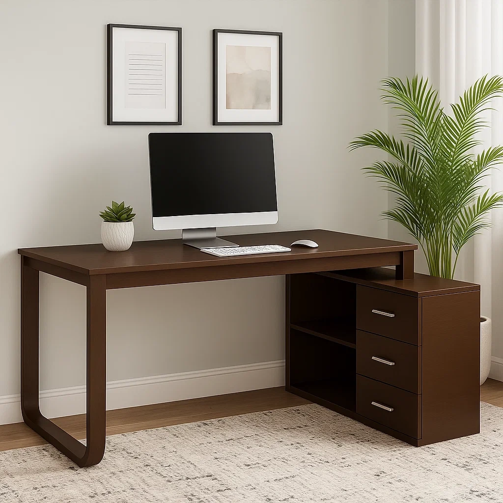 Bureau avec étagères et 3 tiroirs, bois foncé, 120 x 60 x 75 cm - iOtvgpl302Ra