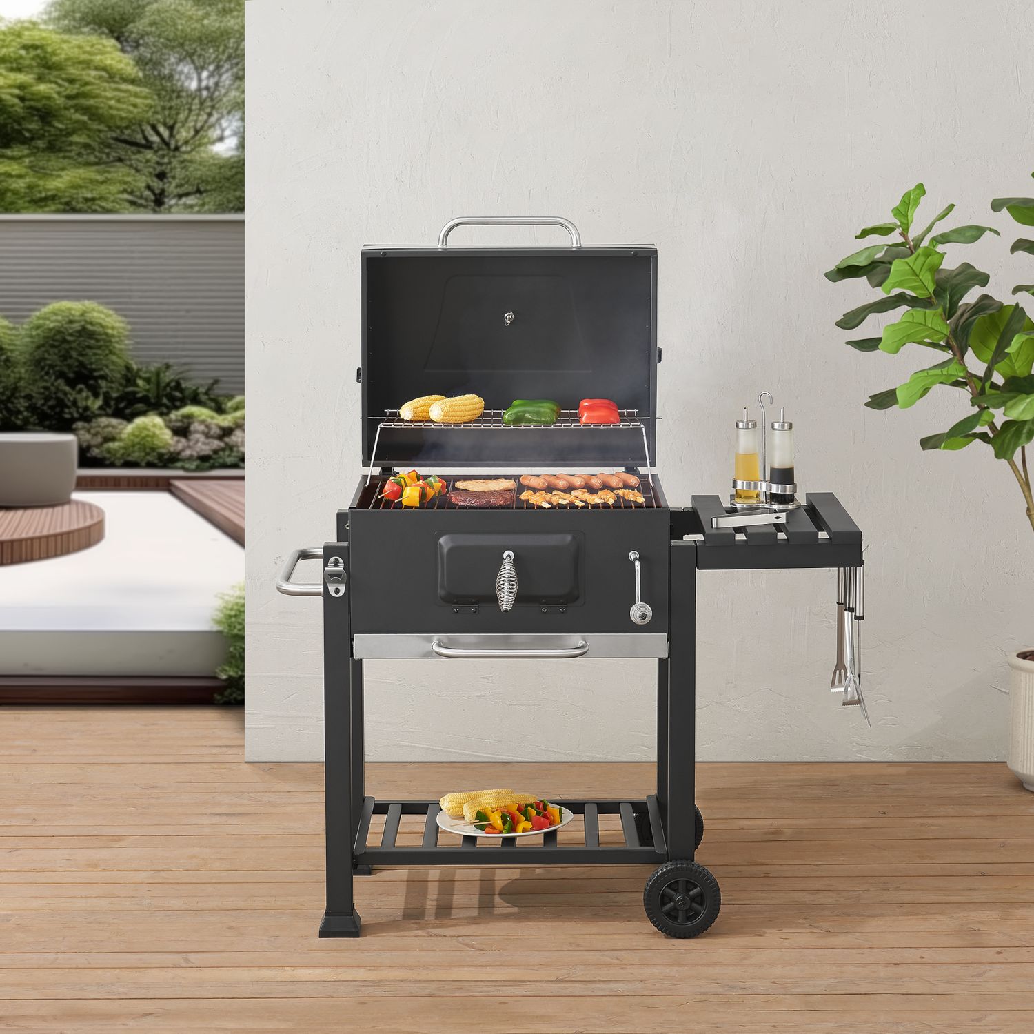 Arnad Holzkohlegrill mit 3 Stahlrosten 105x114x48cm - Schwarz [casa.pro]