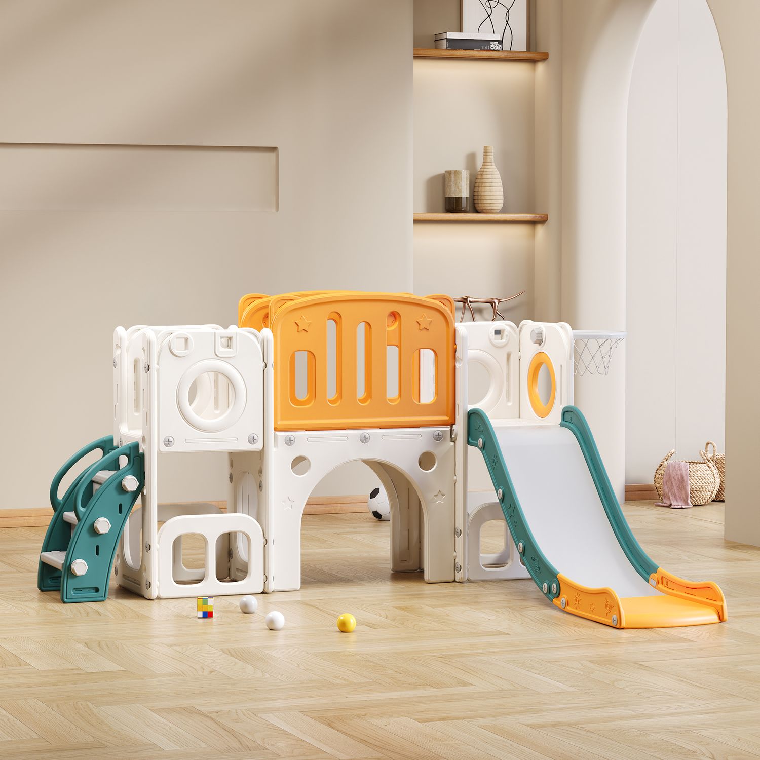 6-i-1 børnerutsjebane - Inkluderer rutsjebane, basketballkurv, stige, tunnel og to legeområder - Grøn