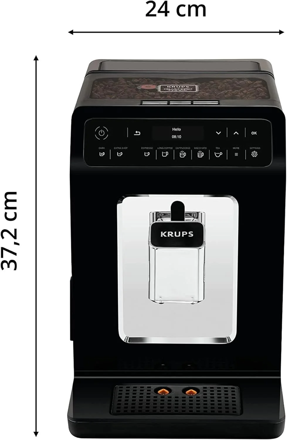 2025 Krups Evidence automatisk kaffemaskine | OLED-display med Barista Quattro Force-teknologi | 12 typer kaffe | 3 typer te | One-Touch Cappuccino | 2-kops funktion | Sort
