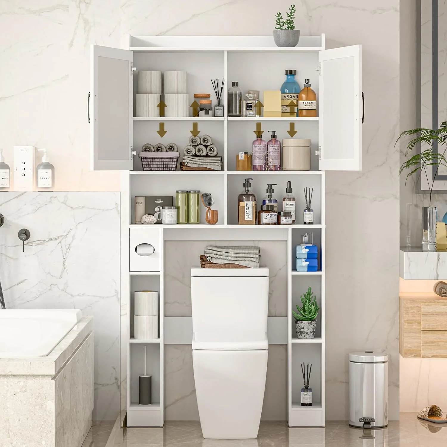 Vabches Over the Toilet Storage Cabinet with Toilet Paper Holder Stand, Above Toilet with Adjustable Shelf & 2 Doors