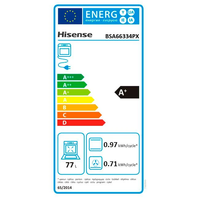 Hisense BSA66334PX Multifunktionsovn, 3,5 kW, 77 L, Klipslåge, 9 Tilberedningsfunktioner, A+ Energieffektivitet - Grå