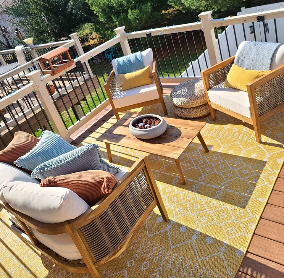 【Furniture】Burchett Outdoor 4 Pcs Chat Set - Acacia Wood and Wicker - Teak/Mixed Brown/Beige