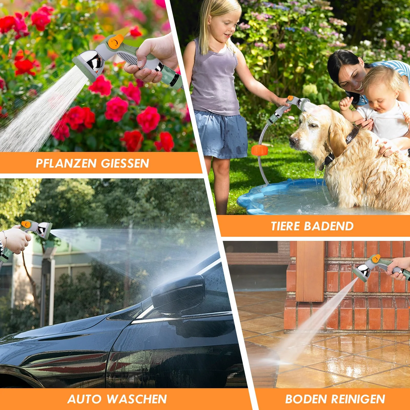 2025 Vægmonteret, forlængelig slangeopruller. 38 m + 2 m haveslange med 10-funktions sprøjtepistol. Langsom tilbagetrækning. Låser i enhver længde. 180° roterende beslag.