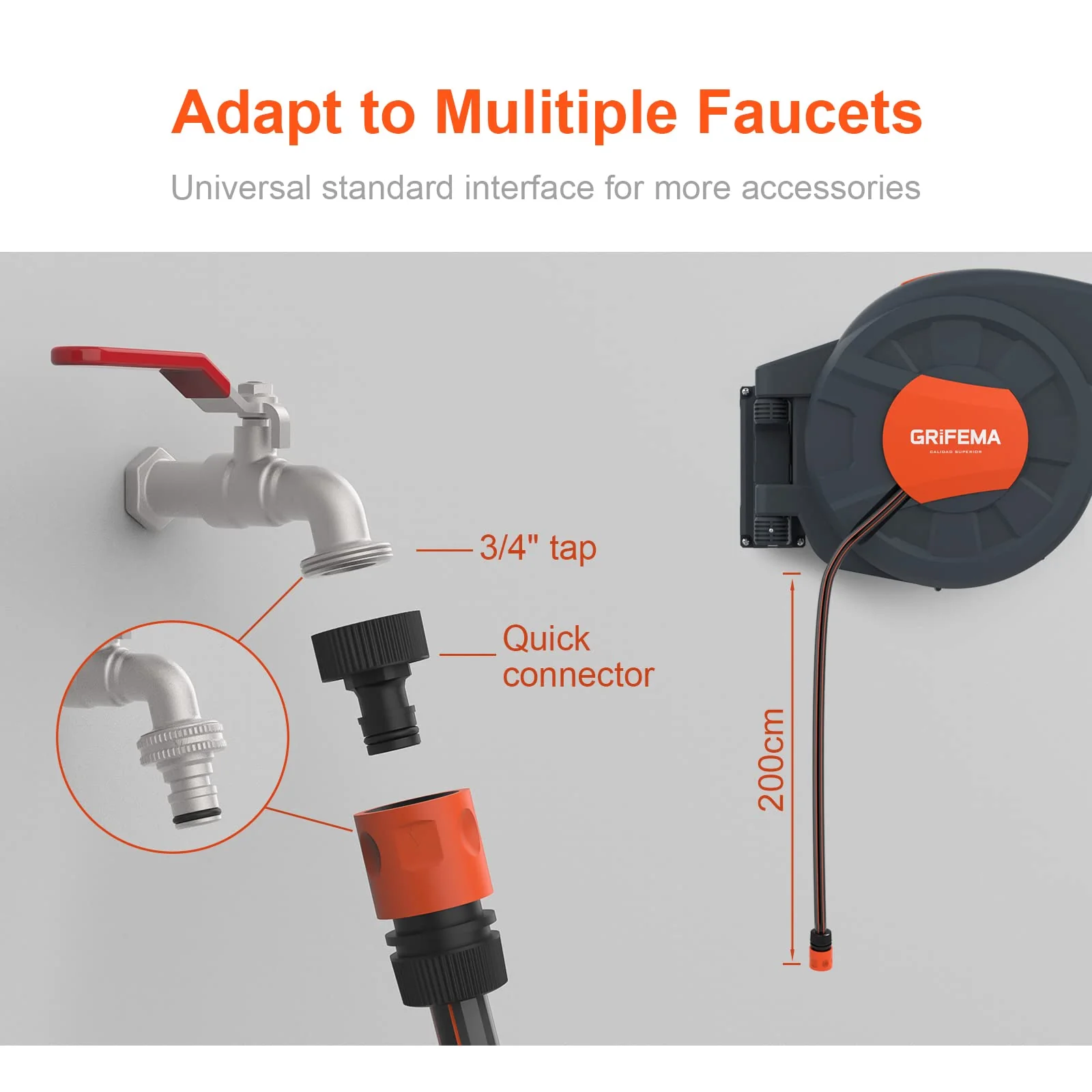 2025 GRIFEMA G301-35 Vægmonteret slangeopruller med 35 m + 2 m slange. 180° roterende boks. Automatisk oprulning med justerbar dyse.