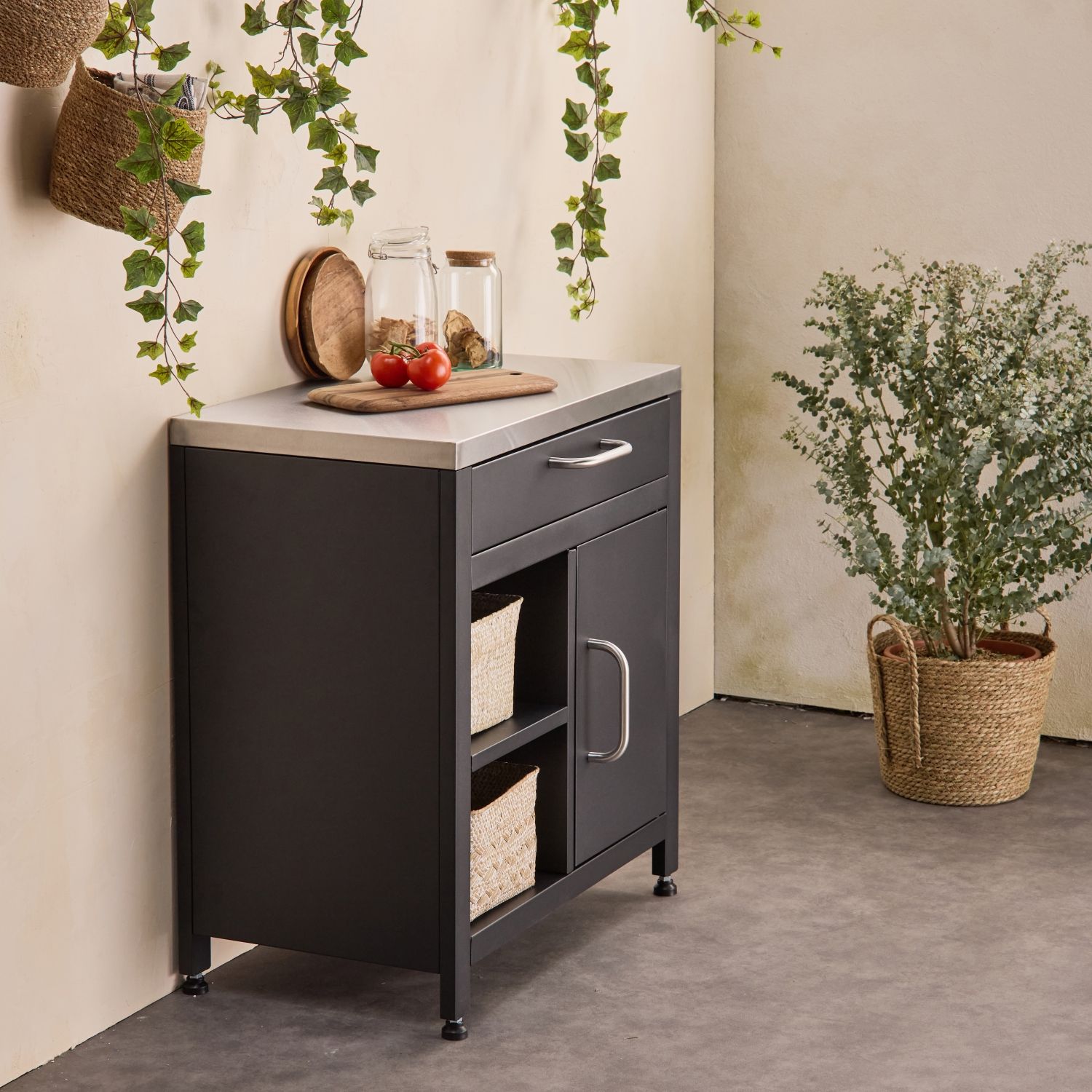 Udendørs stålkøkken med 1 skuffe og 1 dør, 80 cm, sort