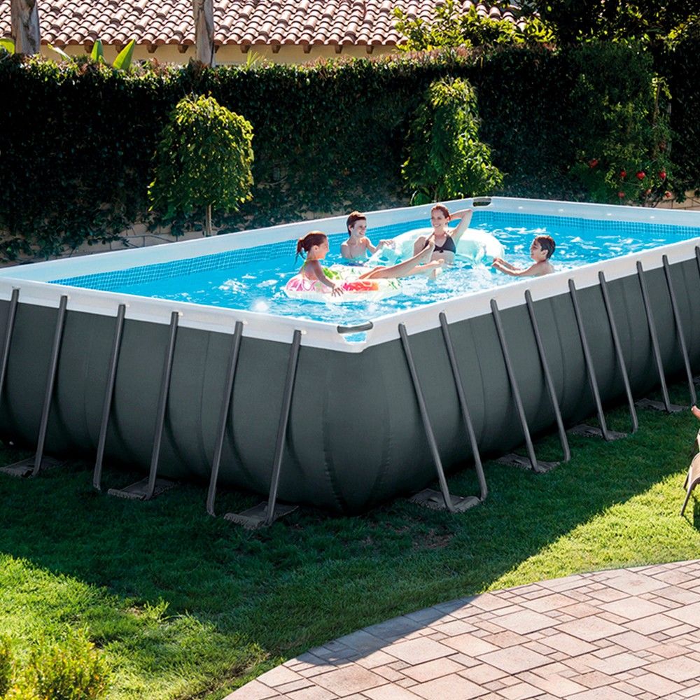 Intex rektangulær rørformet PVC overjordisk pool 732x366x132 cm mørkegrå med filterpumpe