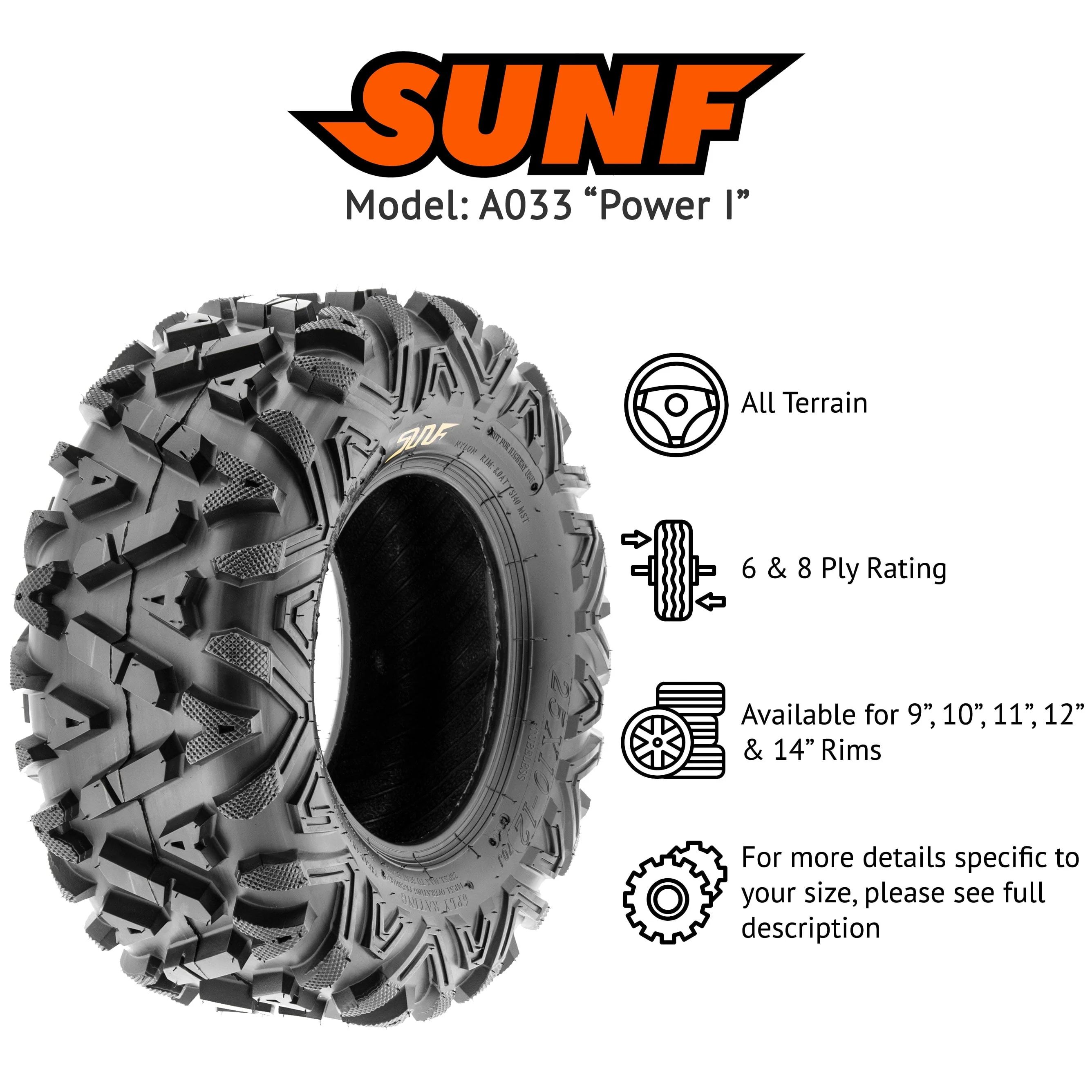 Sunf All-Terrain ATV UTV Tires 26x9 - 12 26x9x12 6 PR A033 (Pair of 2)