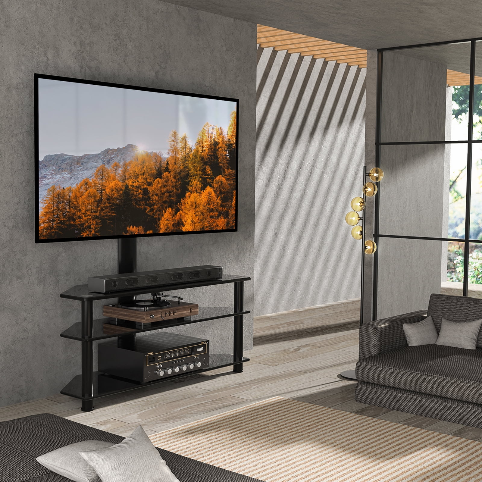 RTVR Modern 3 in 1 TV Stand with Mount for Flat Screens up to 65 in, Black Glass Corner TV Stand for Bedroom