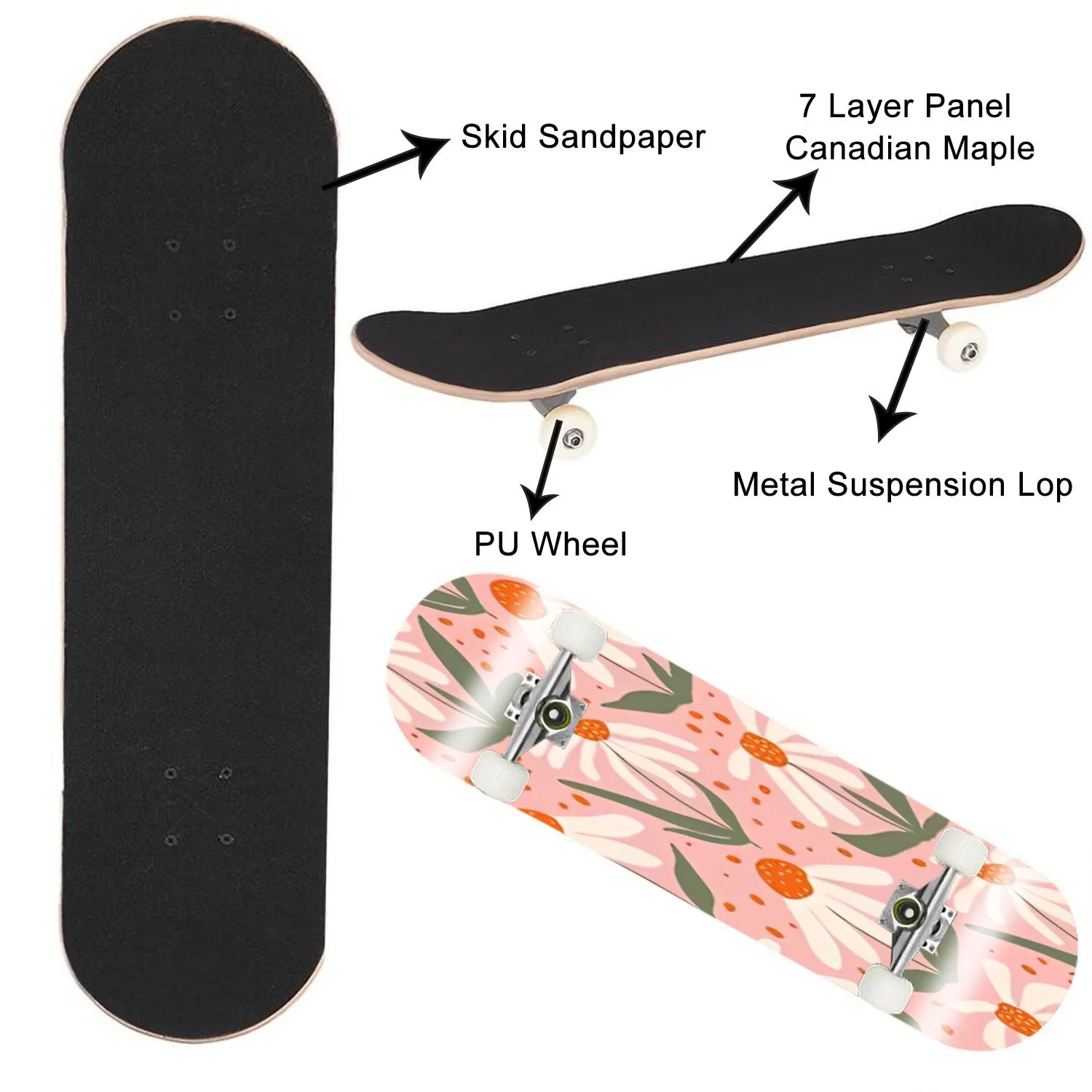Skateboards for Beginners Doodle Seamless Pattern Hand Drawn White Daisies Pink Cute 31"x8" Maple Double Kick Concave Boards Complete Skateboards Outdoor for Adults Youths Kids Teens Gifts