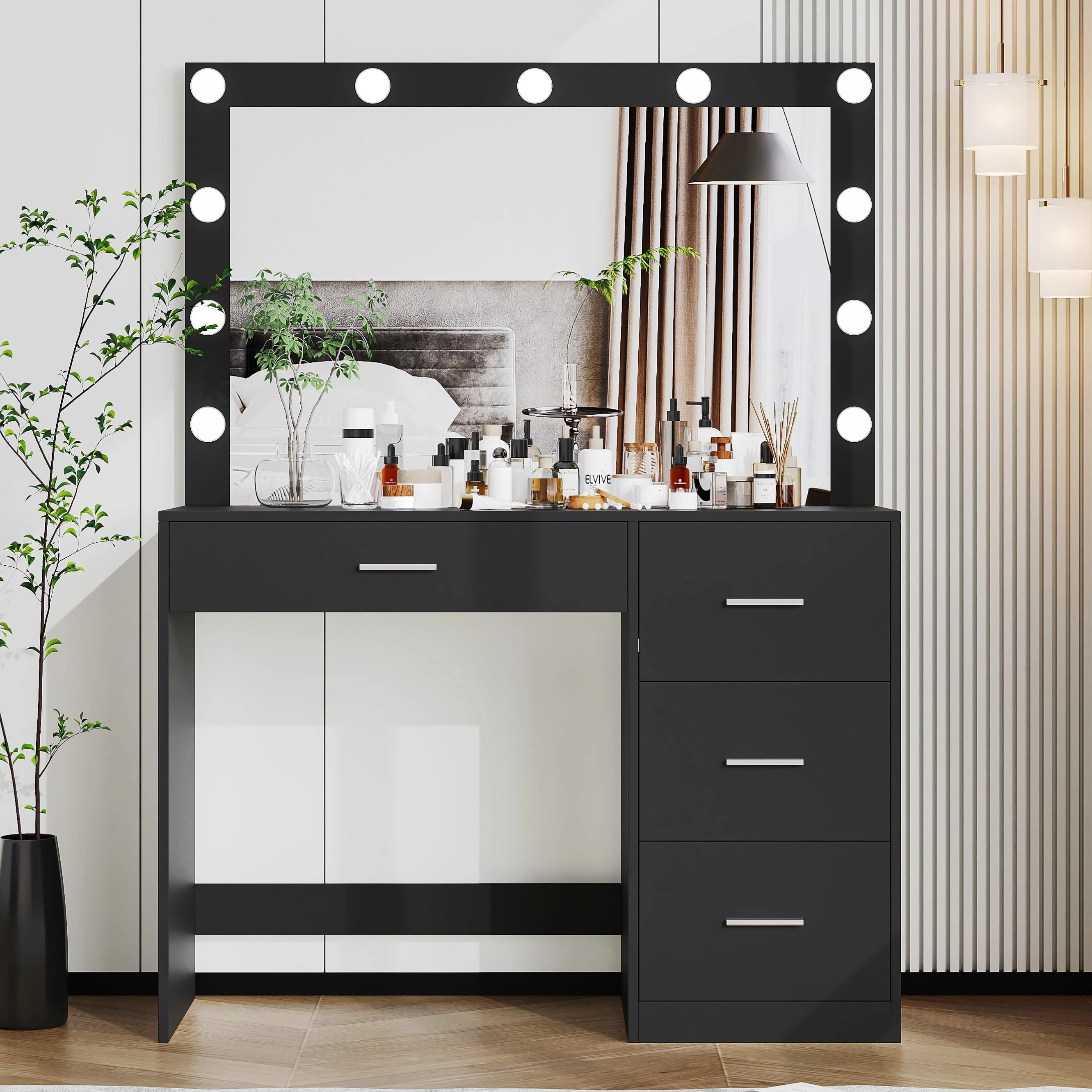 Modern Makeup Vanity Table with Lights, Vanity Desk with Mirror, 4 Drawers, Dressing Table, White