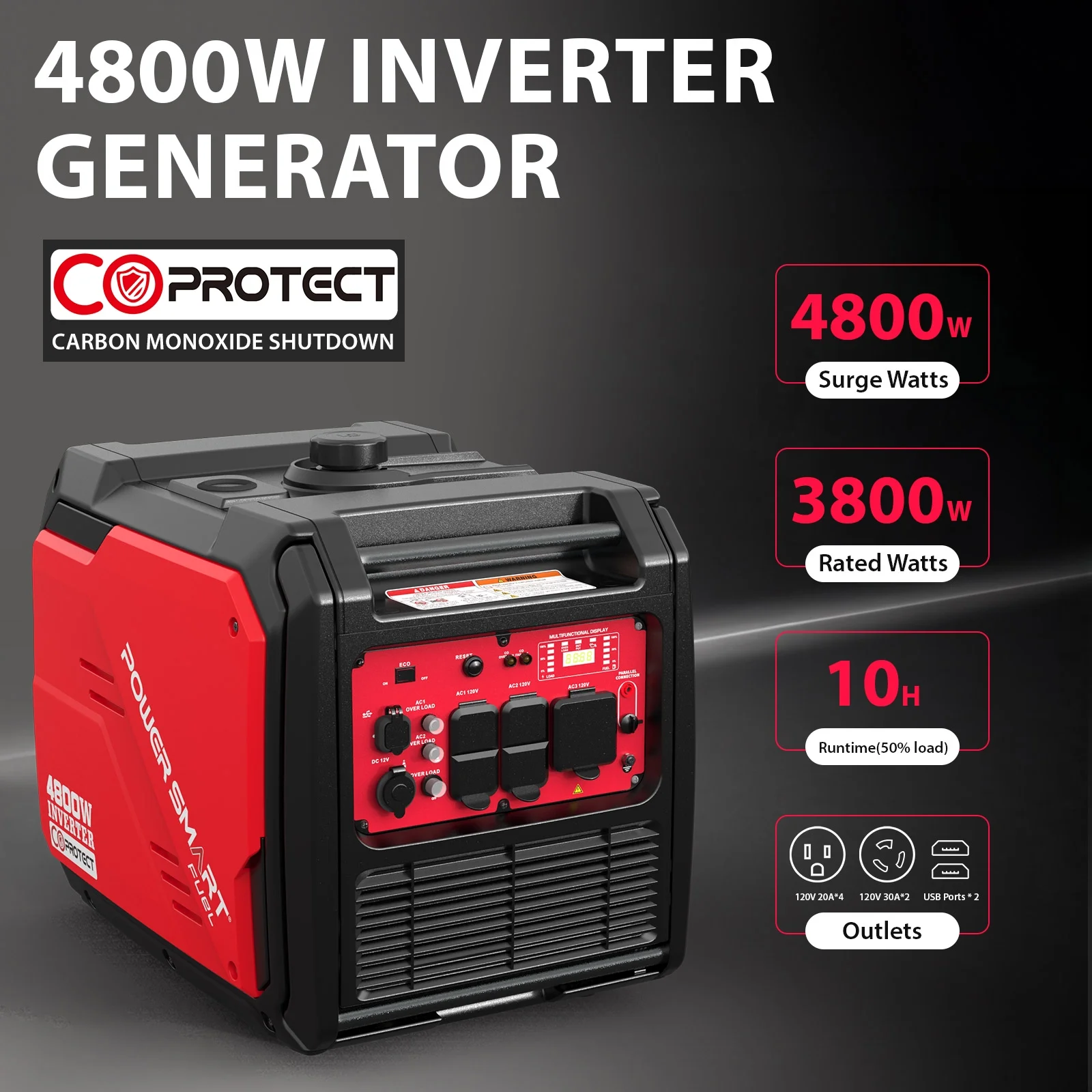 Powersmart 4800W Portable Inverter Gas Generator with Manual Start for Home Emergencies with Wheel