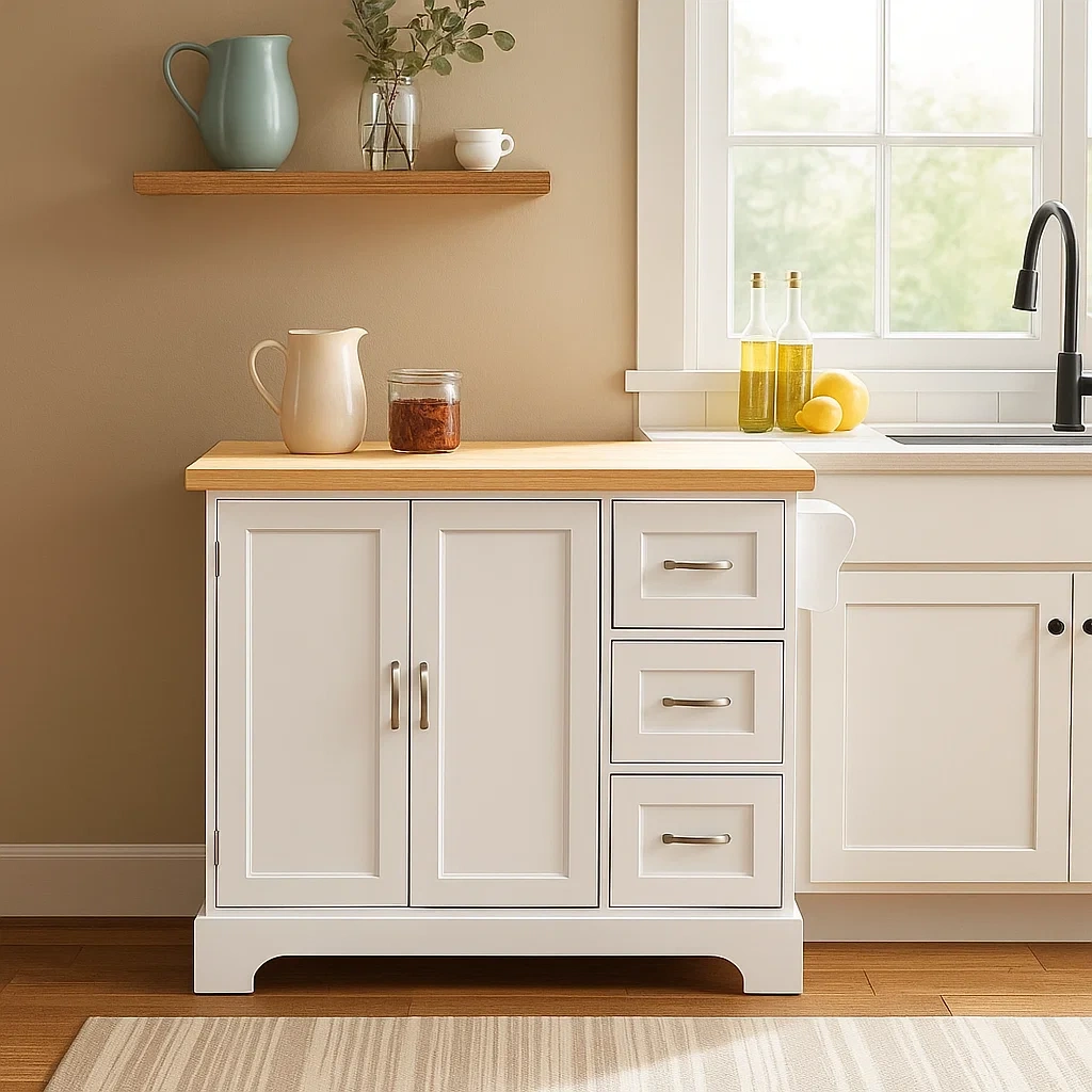 Rechteckige Kücheninsel mit Schrank und Schubladen aus MDF, weiß-eichenfarben, ohne Rollen, 100 x 45 x 85 cm, für klassische Küchen. – euh282OIIPXL