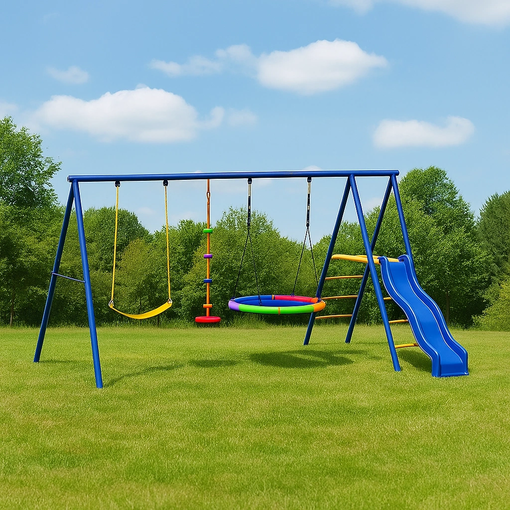 Structure de jeux avec balançoires, toboggans et cordes, acier, extérieur 350 x 200 x 220 cm - ThpOBQA190Db