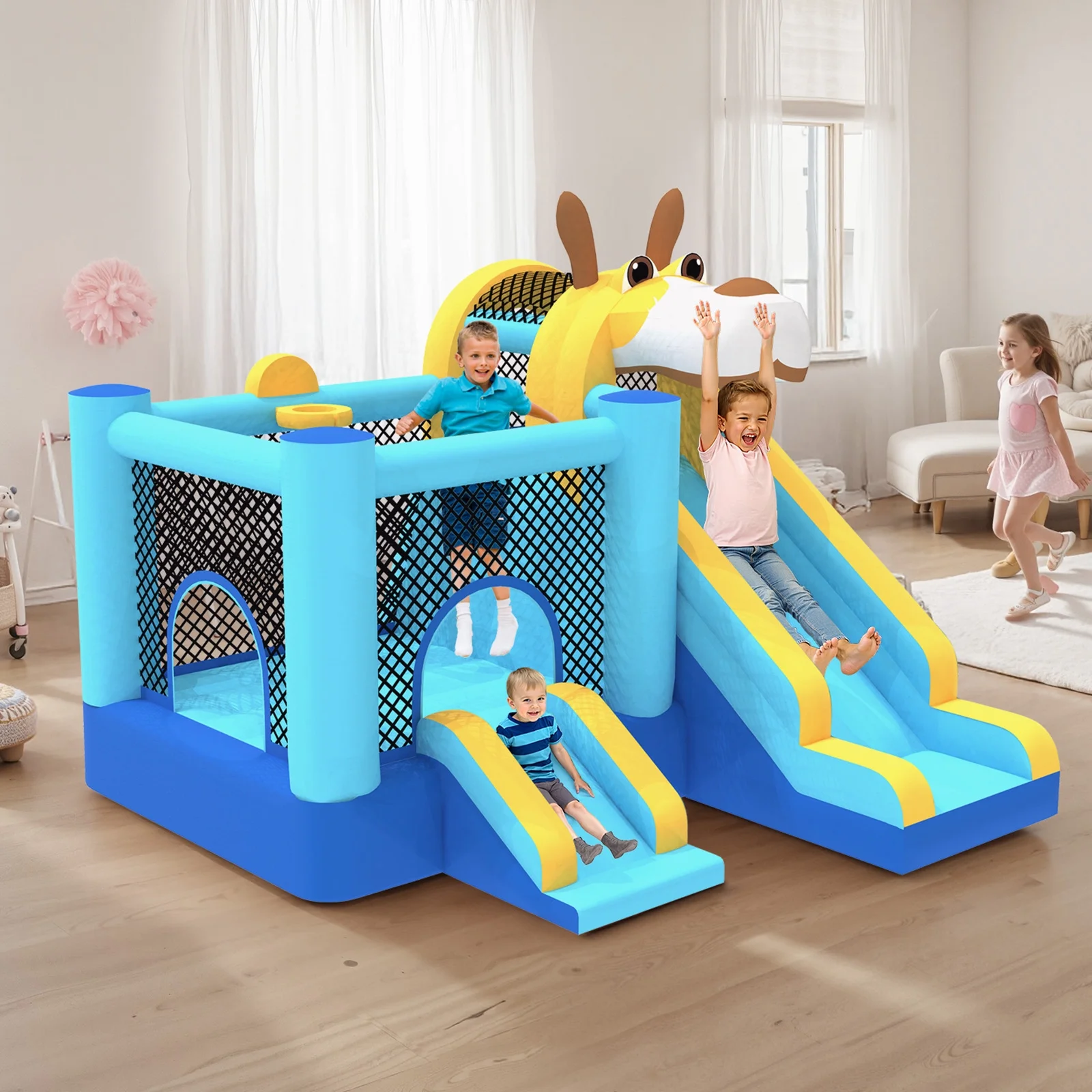 Mukidy 114''X 114'' x 92.5'' Inflatable Bounce Houses for Kids 3 - 10 with Blower Double Slide and Ball Pit/Indoor Bouncy House, PVC, Child, Teen, Toddlerblue