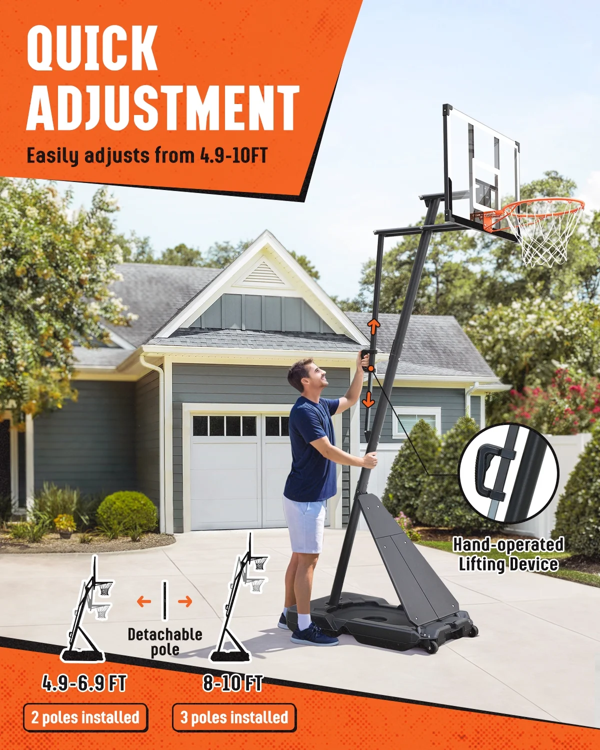 Seray Basketball Hoop with 4.8 - 10 Feet Height Adjustable for Kids/Adults, Portable Basketball Goal with 44 in Backboard and 2 Wheels for Outdoor/Indoor Sports